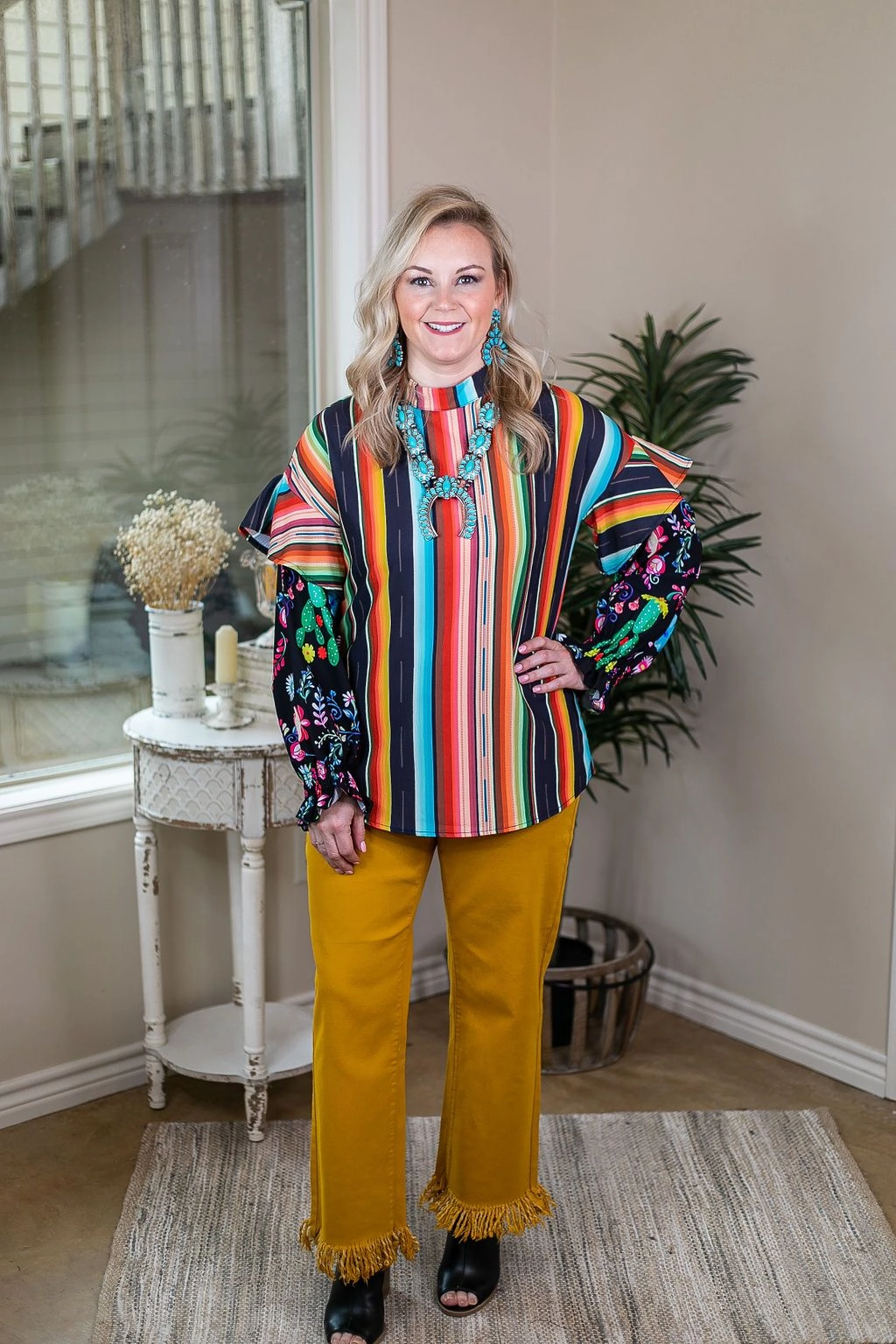 StainReleaseCoating Got A Good Feeling Ruffled Puff Sleeve Top in Serape