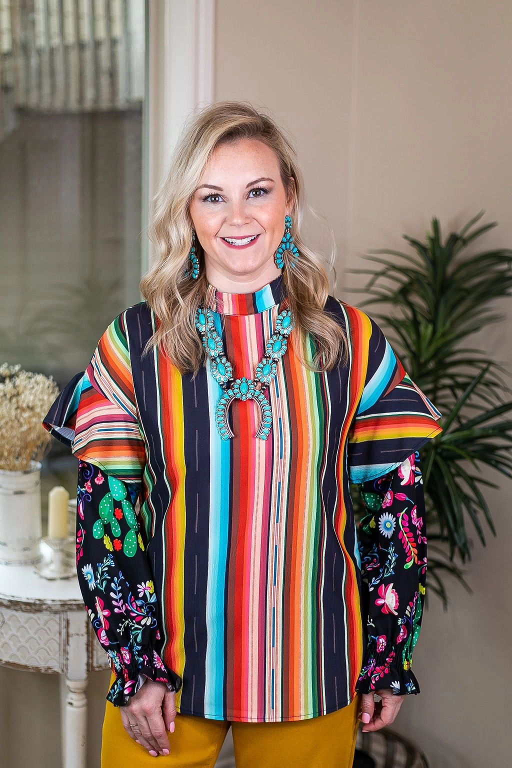 Got A Good Feeling Ruffled Puff Sleeve Top in Serape Romance Air Halo Glow