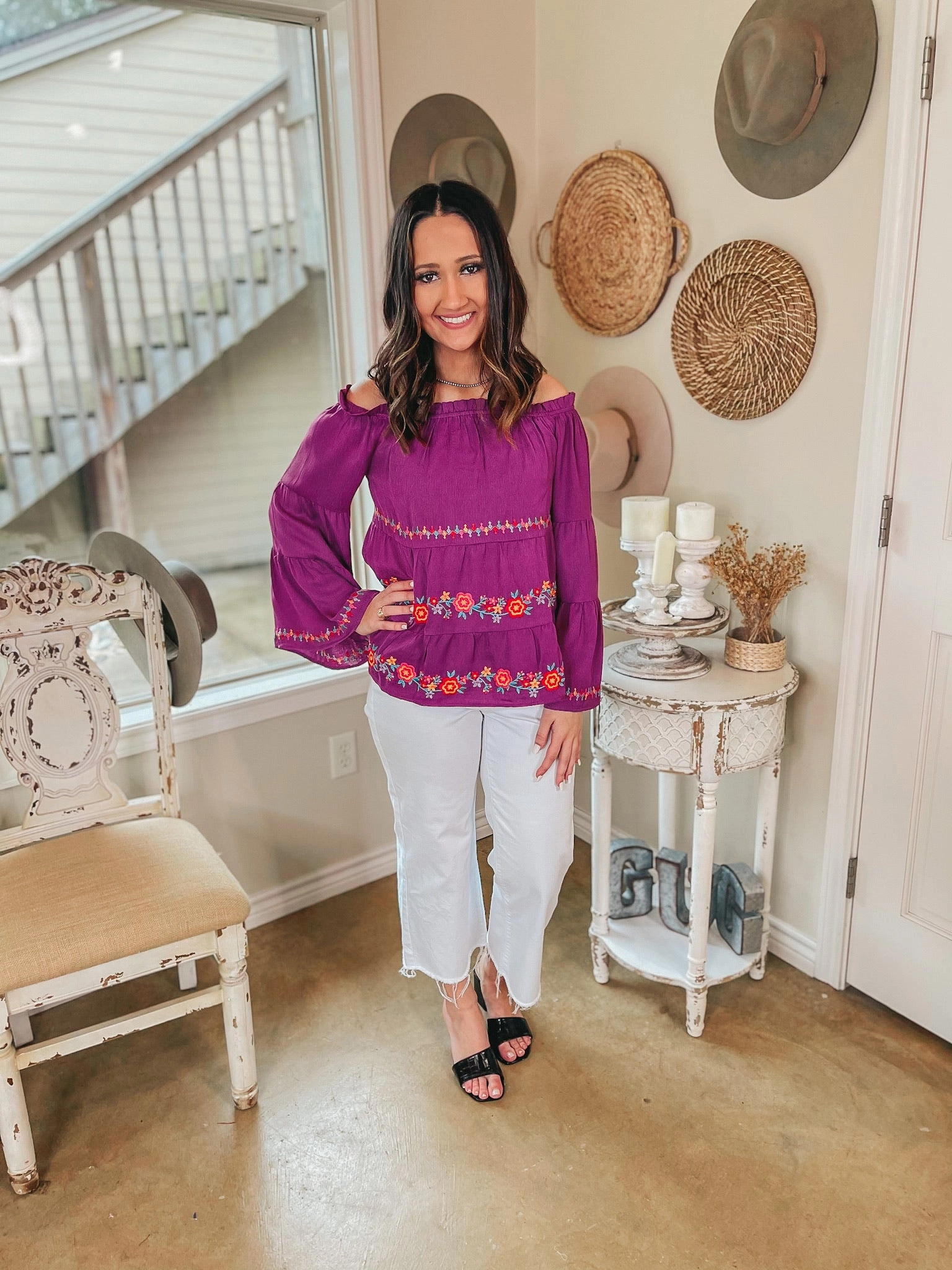 Pure Cotton Last Chance Size Small | Your Moment Off the Shoulder Floral Embroidered Blouse in Magenta