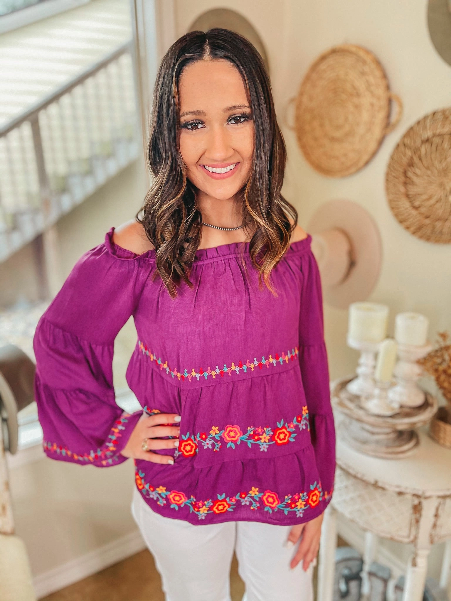 Summer Glow Last Chance Size Small | Your Moment Off the Shoulder Floral Embroidered Blouse in Magenta