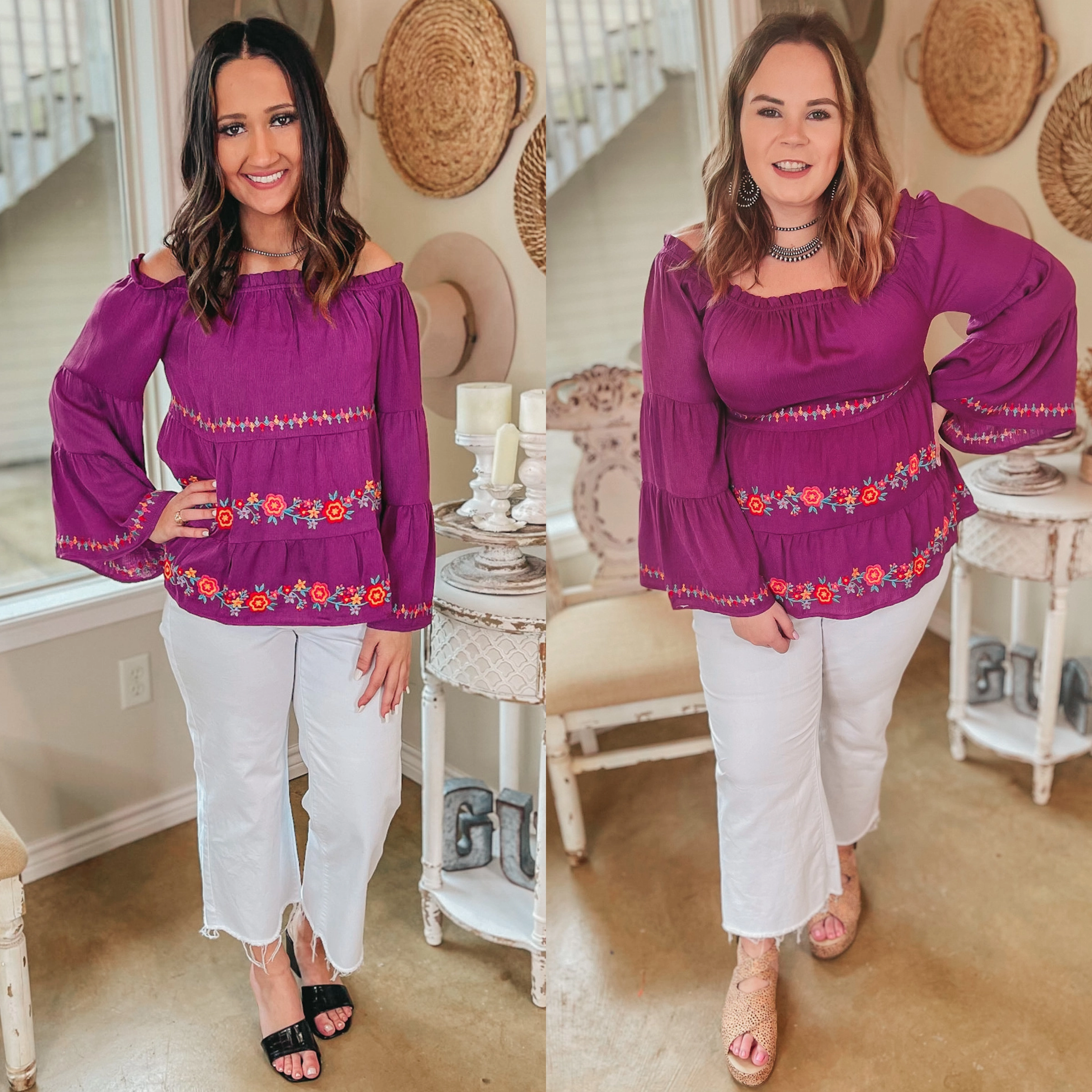 Easy Cool Last Chance Size Small | Your Moment Off the Shoulder Floral Embroidered Blouse in Magenta