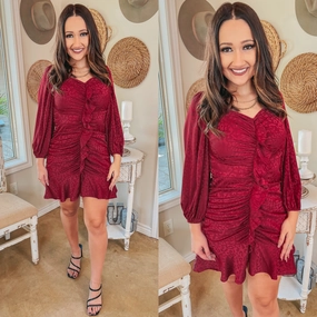 Open Heart AllSeasonWear Last Chance | Catwalk Curves Satin Leopard Print Fitted Ruffle Dress in Wine Red