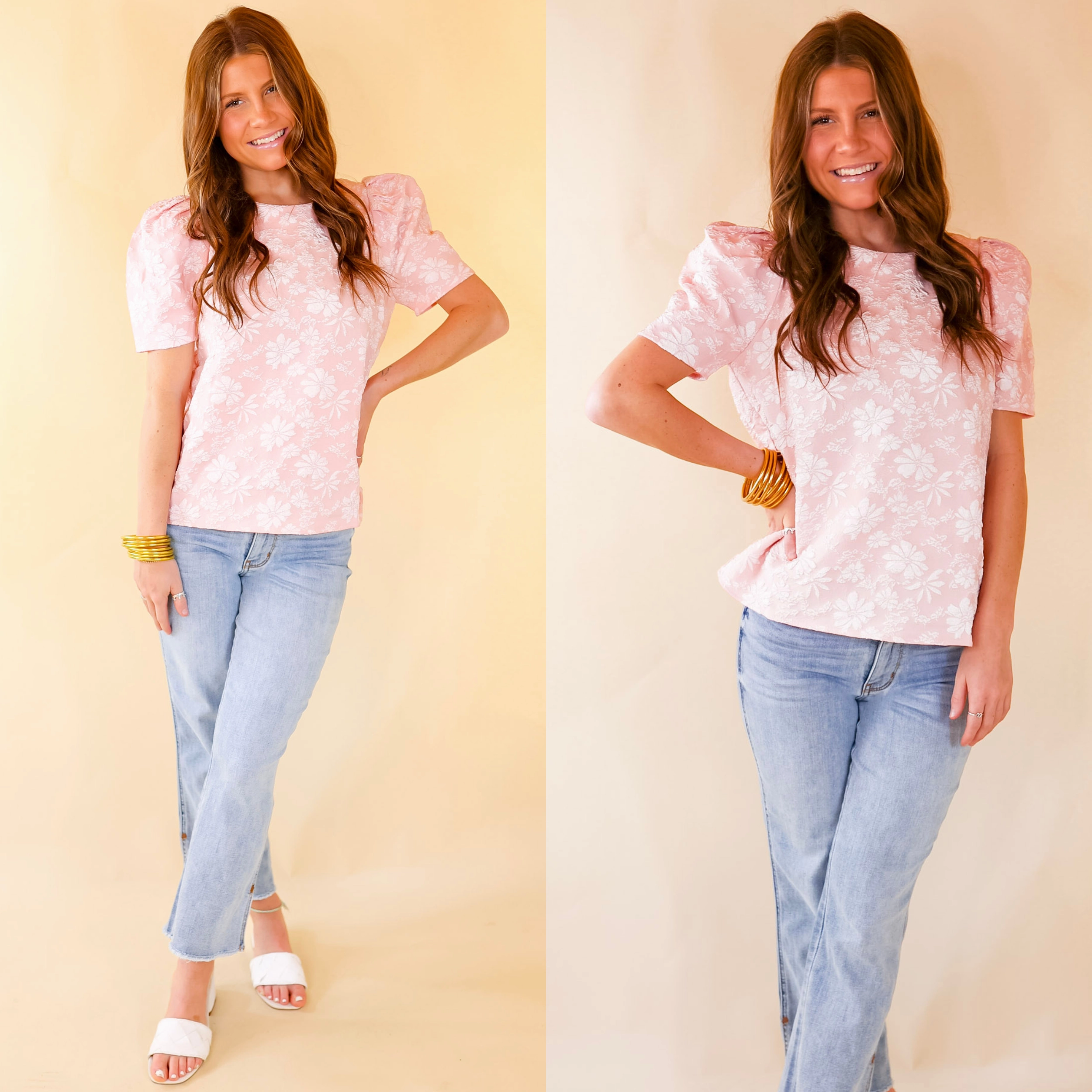 Layered Panel Construction Layered Collar Structure Fab Feeling Puff Shoulder Floral Embossed Top in Light Pink
