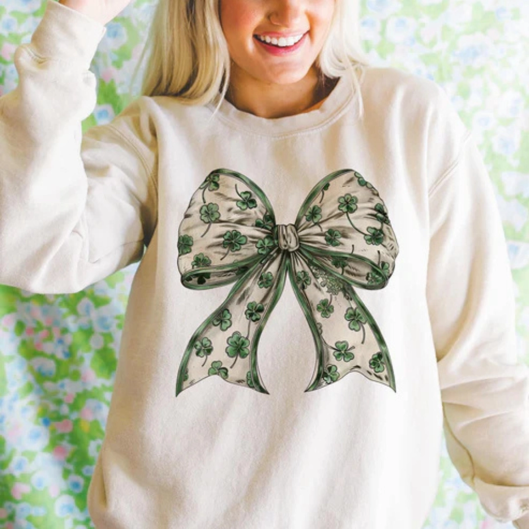 Flex Fit Online Exclusive | Wrapped in Luck Coquette St. Patricks Bow Graphic Sweatshirt in Cream