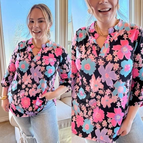 Urban Elegance Floral Print 3/4 Sleeve Tunic Top in Black Mix Timeless Skirt