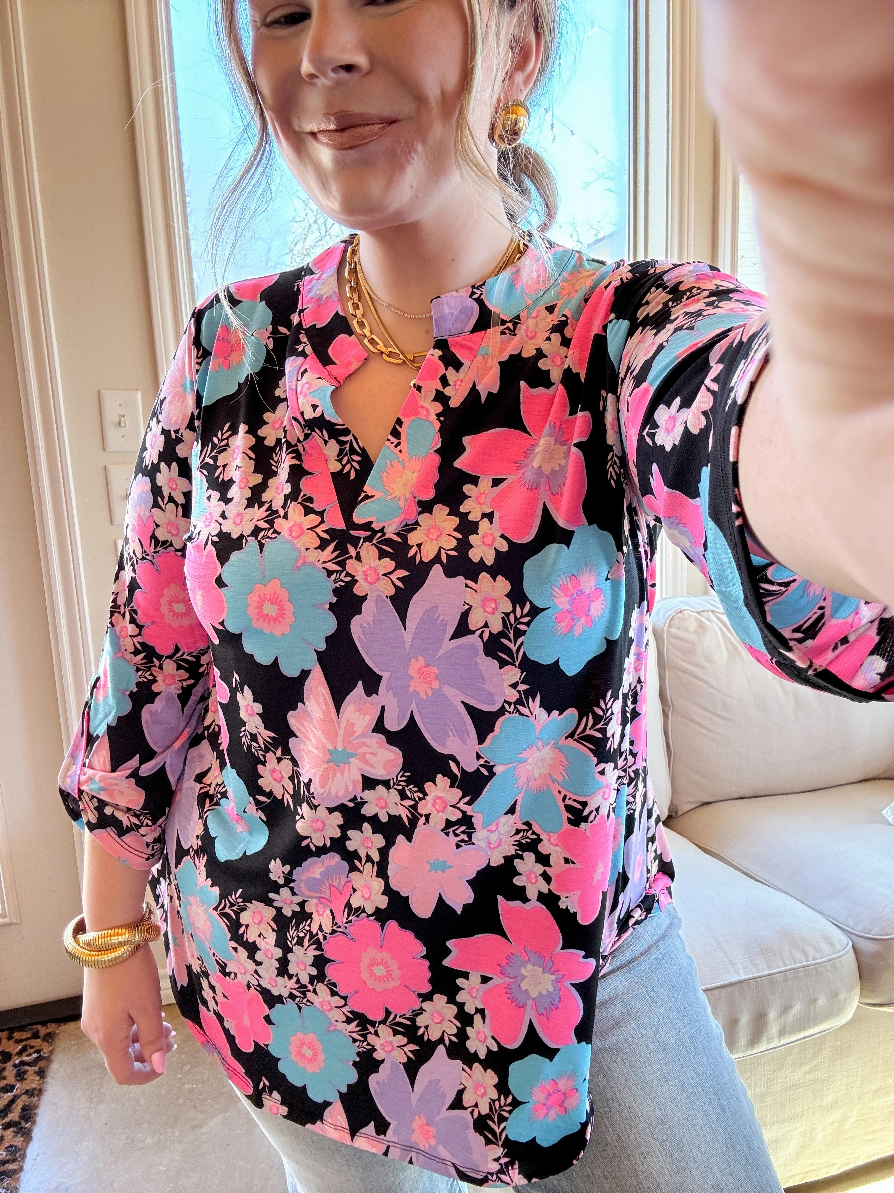 AbrasionFreeZone Urban Elegance Floral Print 3/4 Sleeve Tunic Top in Black Mix