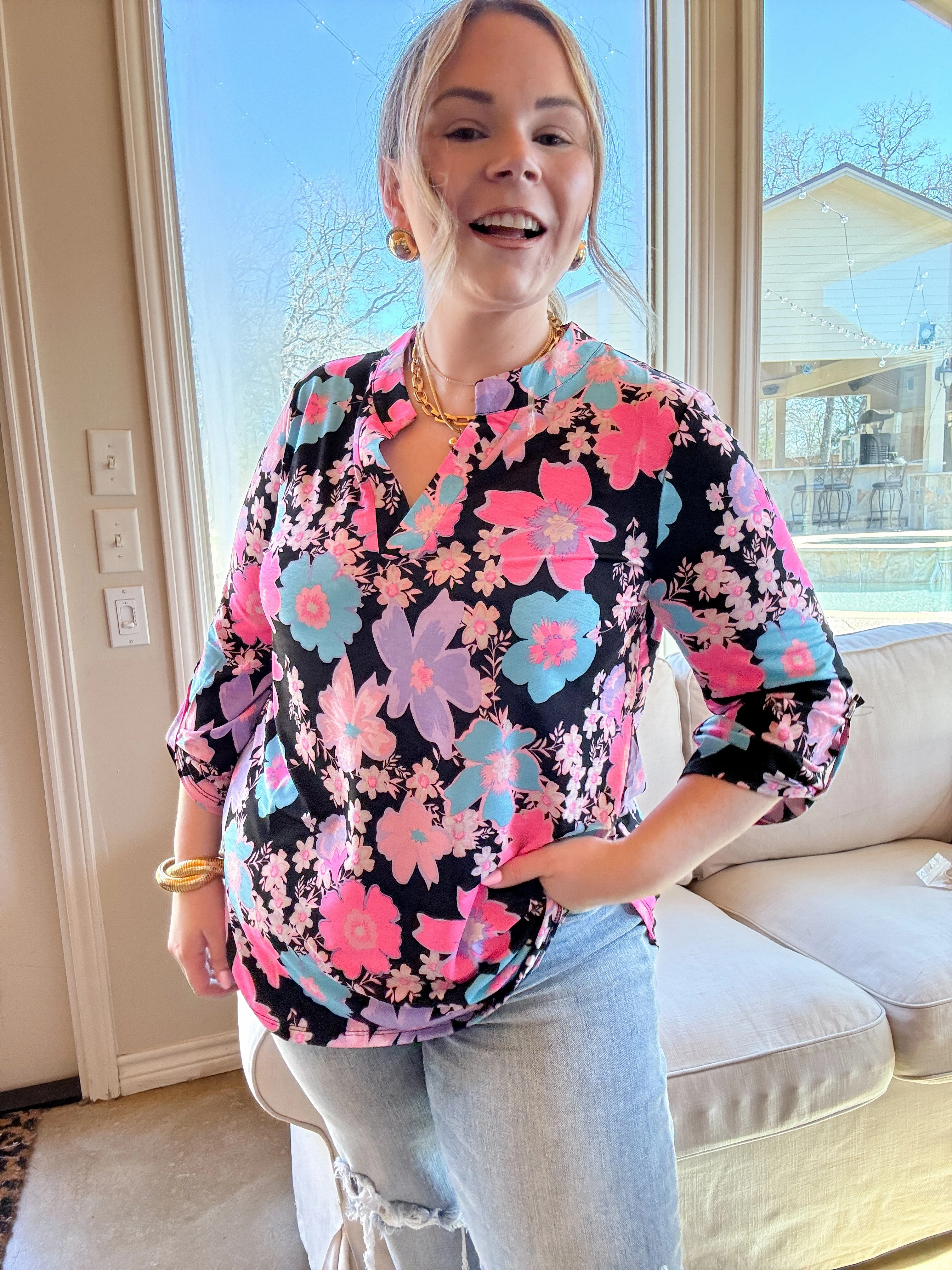 Rain Proof Urban Elegance Floral Print 3/4 Sleeve Tunic Top in Black Mix