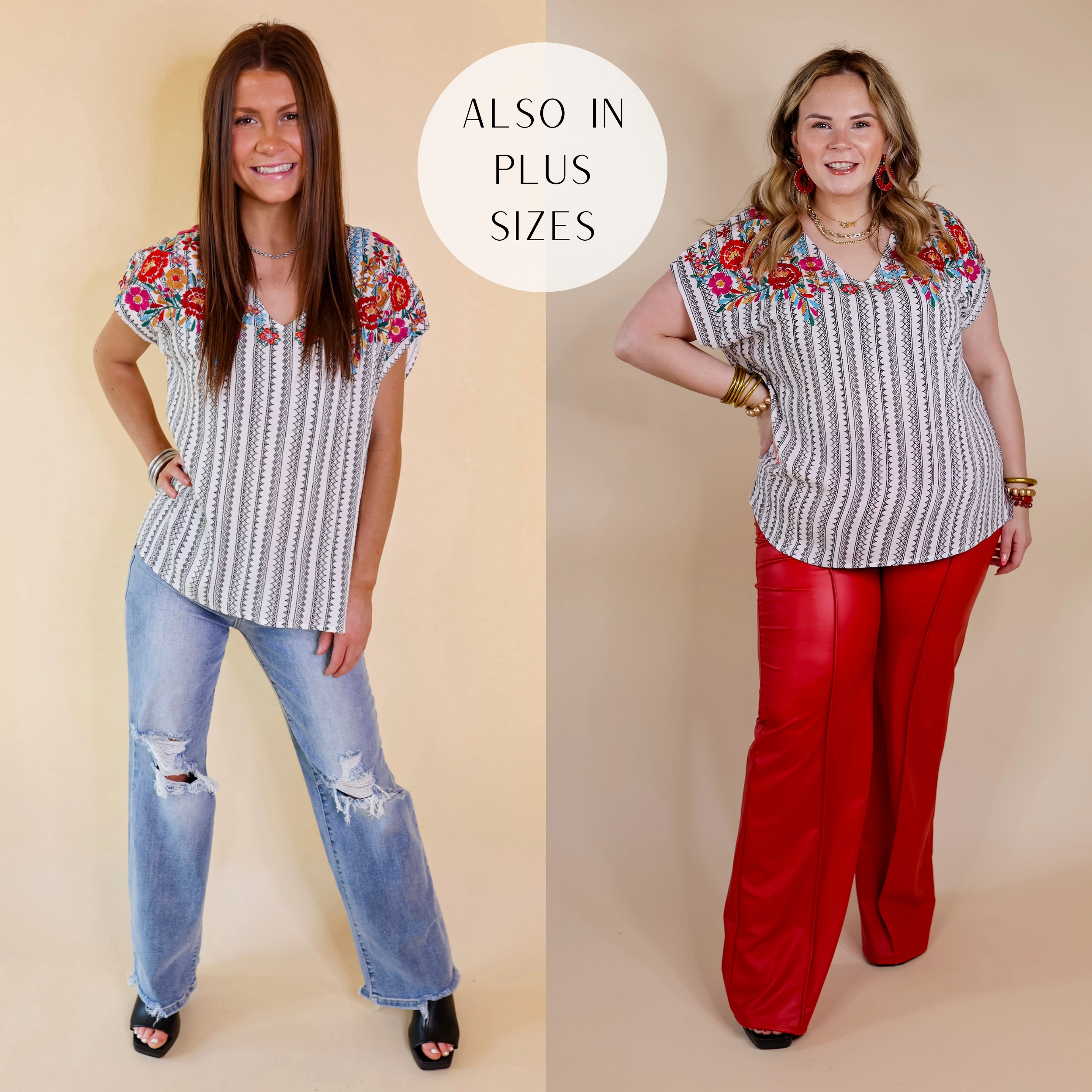 Happy Rush Tribal Stripe V Neck Top with Floral Embroidery in White Storm Core SoftTouchLining