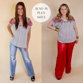 Happy Rush Tribal Stripe V Neck Top with Floral Embroidery in White Storm Core SoftTouchLining