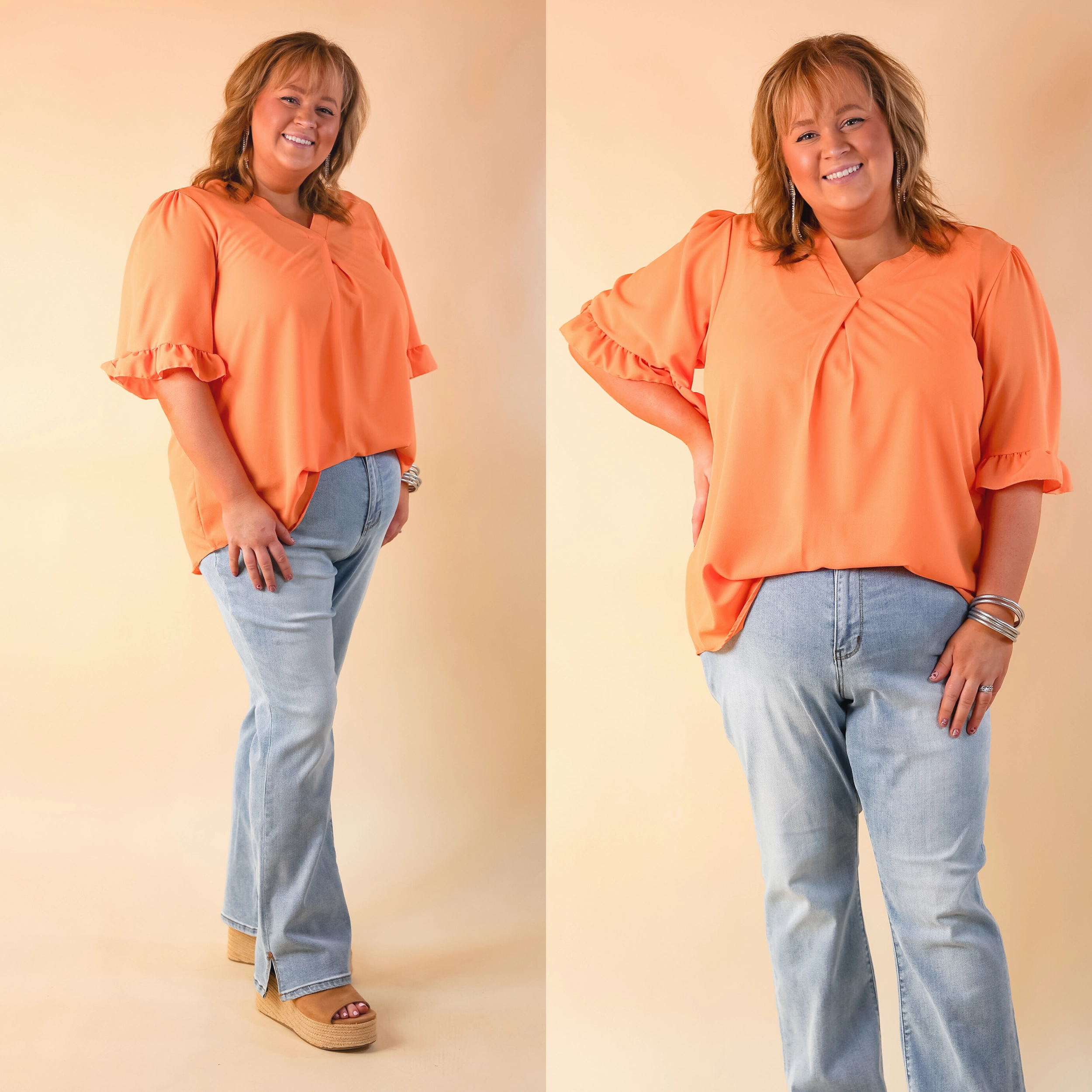 Radiant Ways Ruffle Short Sleeve Top with V Neckline in Orange AntiBacterialTextile