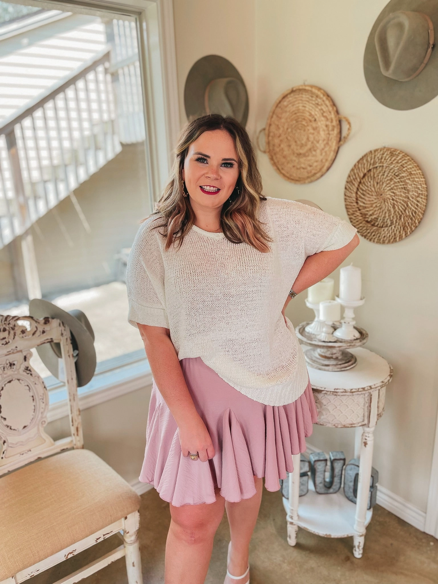 Afternoon Flights Ruffle Mini Skirt in Dusty Pink AllDayComfort Push Edge