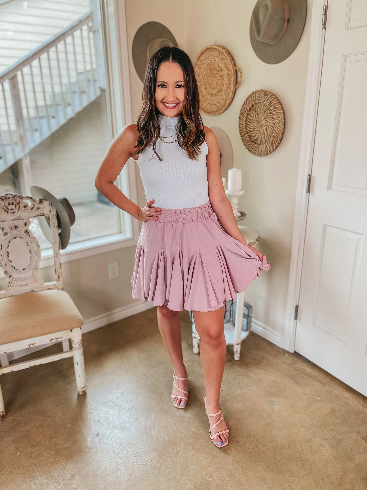 Calm Core Zen Glow Afternoon Flights Ruffle Mini Skirt in Dusty Pink