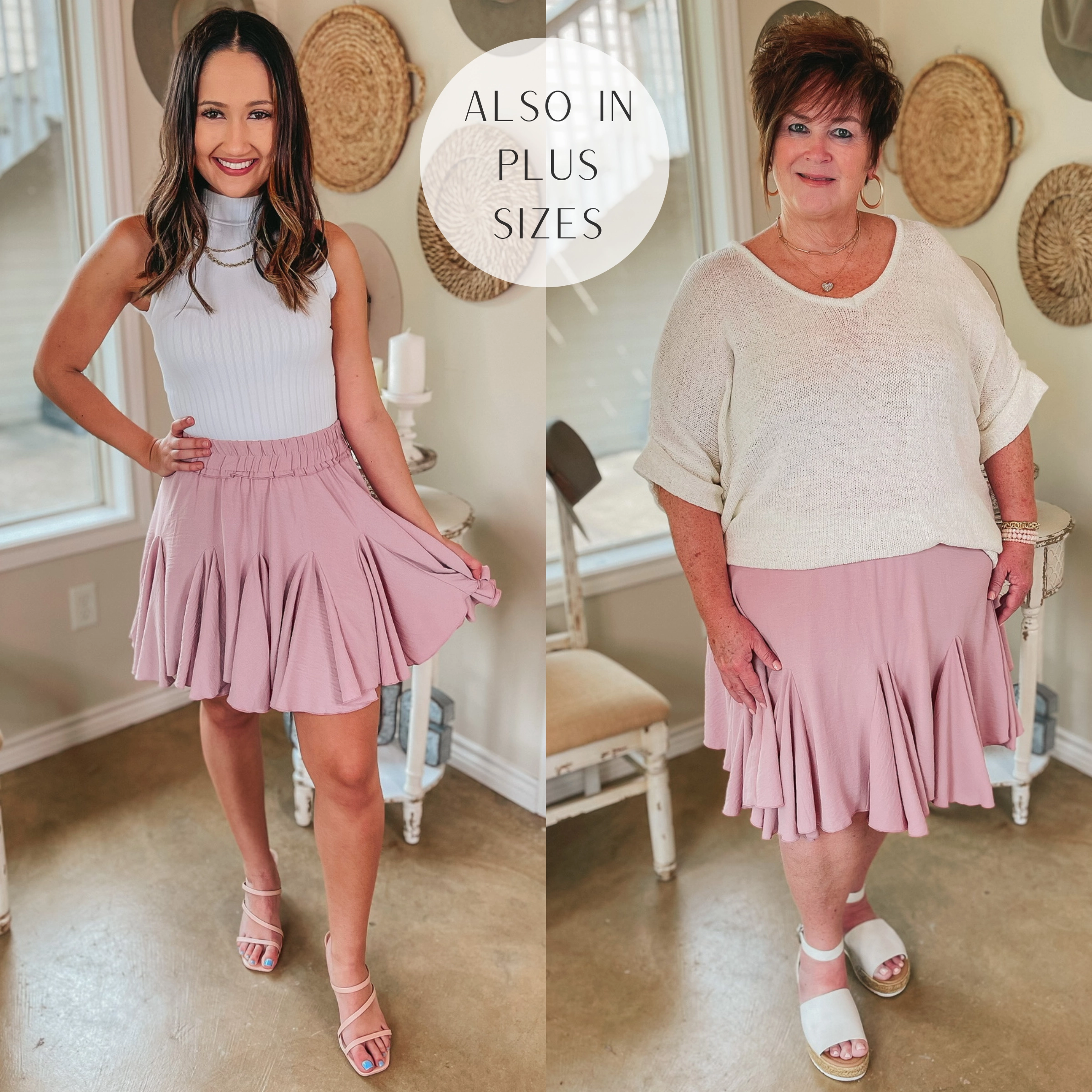 Relaxed Blouse lightweight pants Afternoon Flights Ruffle Mini Skirt in Dusty Pink