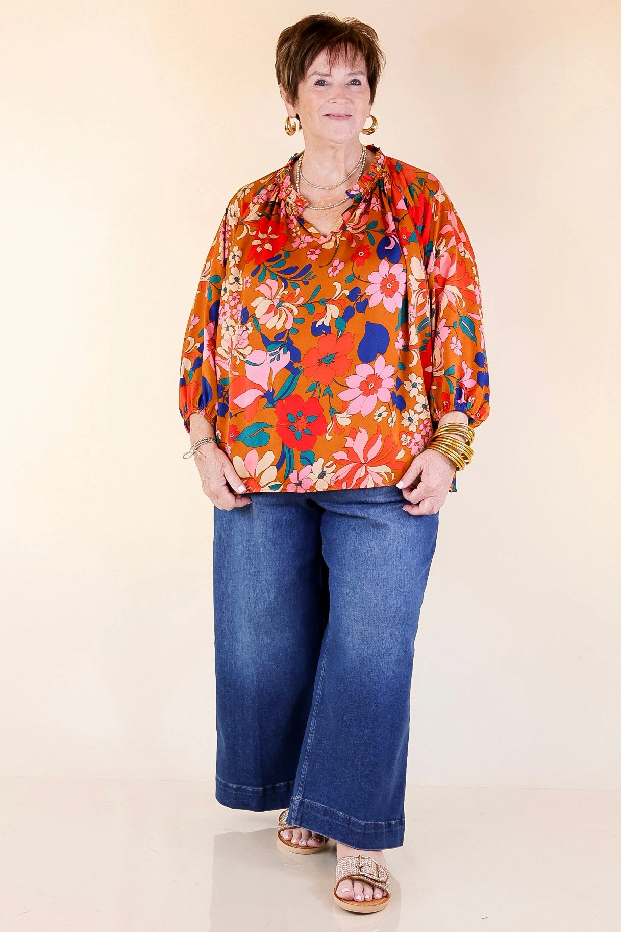 Falling For Floral 3/4 Sleeve Top with Notched Neck in Camel Brown All day wearability