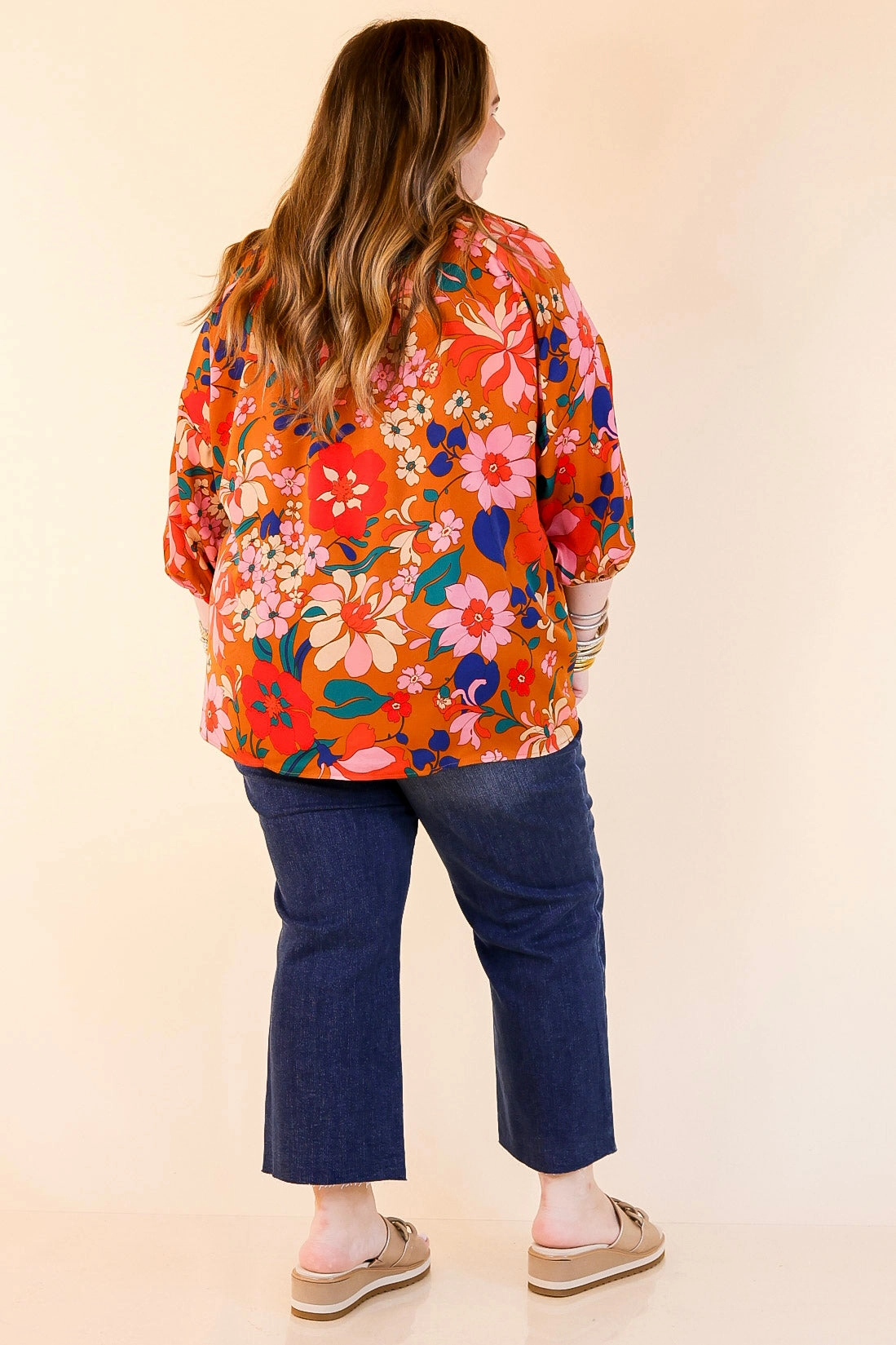 Morning Comfort Falling For Floral 3/4 Sleeve Top with Notched Neck in Camel Brown