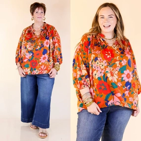 Falling For Floral 3/4 Sleeve Top with Notched Neck in Camel Brown Oversized style