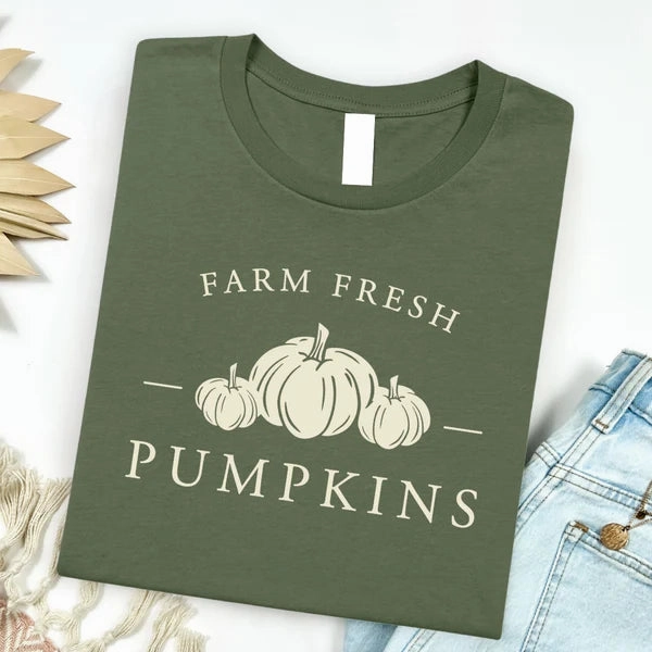 Farm Fresh Pumpkins Short Sleeve Graphic Tee in Dark Olive Green Classic Smart