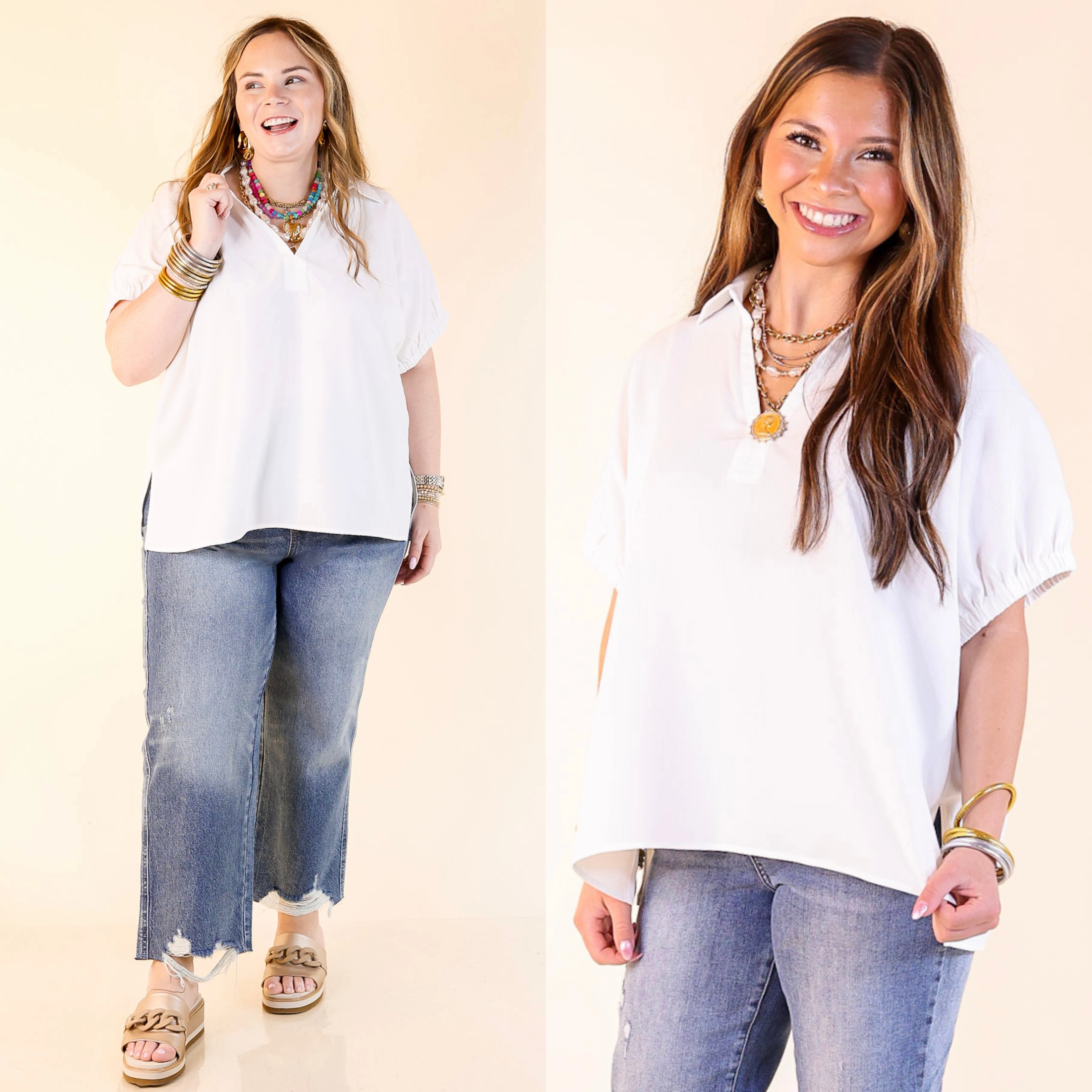 Fresh Start Collared V-Neck Blouse With Drop Shoulder in White Pre Shrunk Cotton Blend