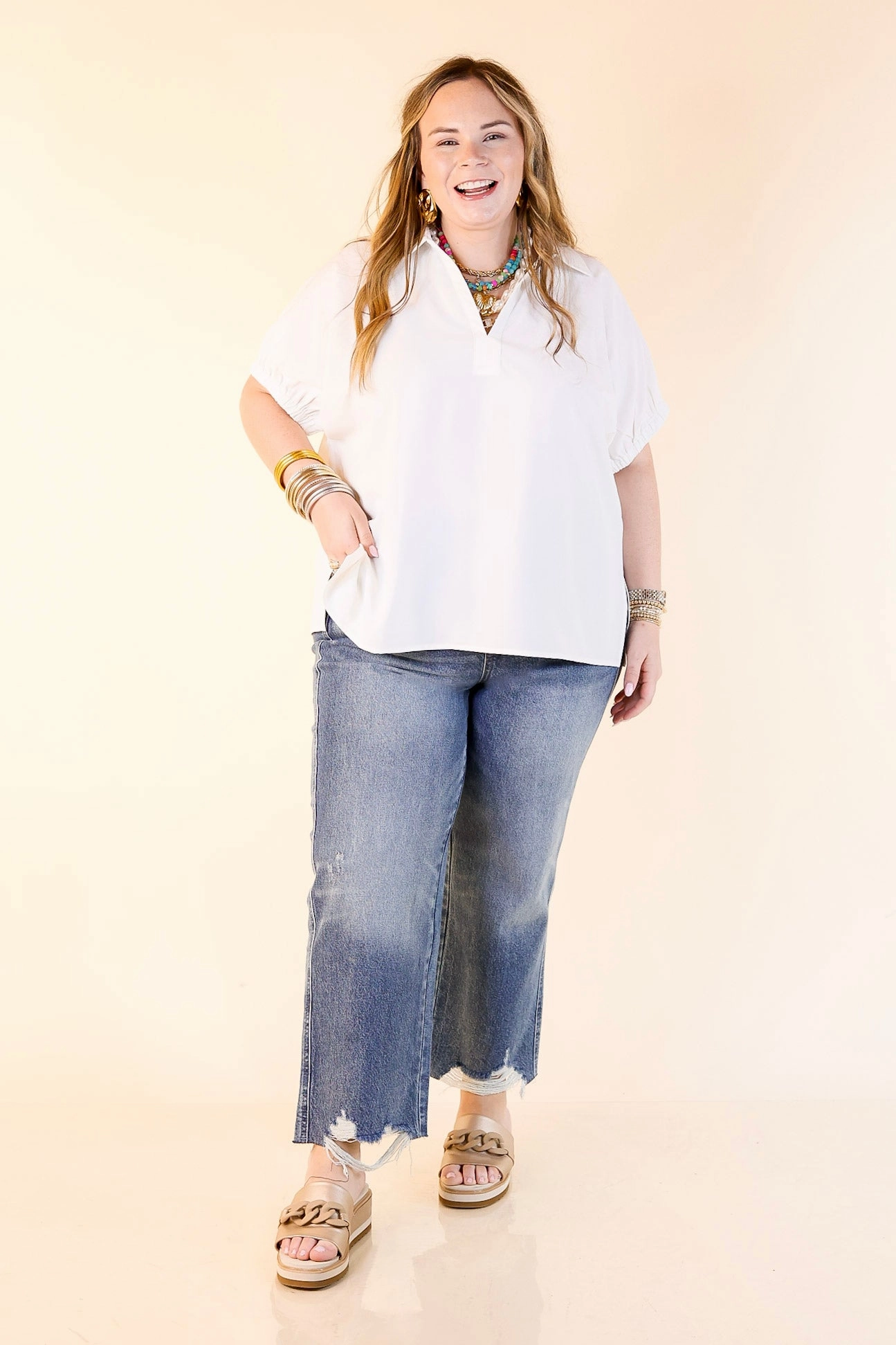 Fresh Start Collared V-Neck Blouse With Drop Shoulder in White Summer Camp