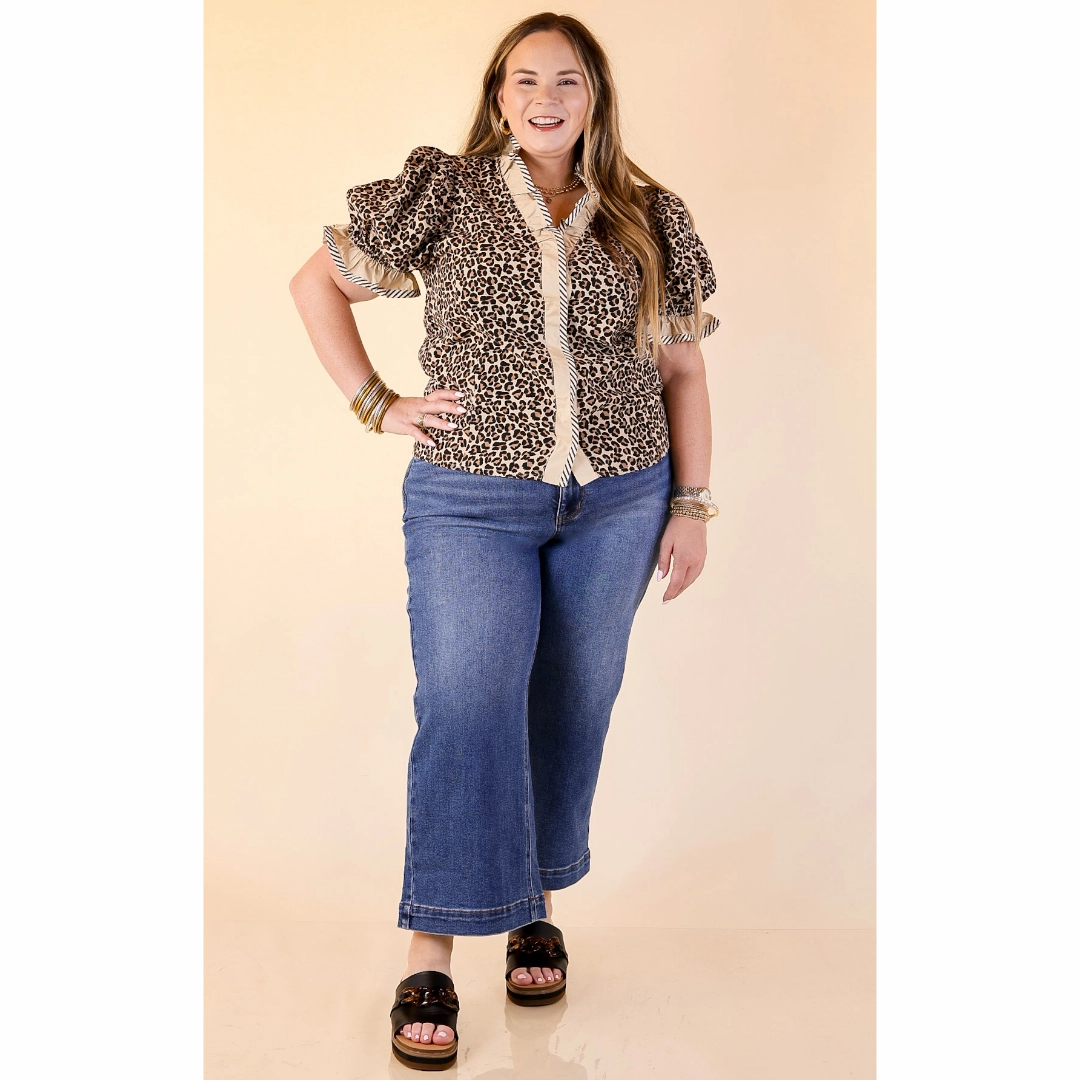 Endless Elegance Ruffled V Neck Leopard Print Top with Stripe Trim in Cream, Brown and Black Comfy Fit Summer Vibes