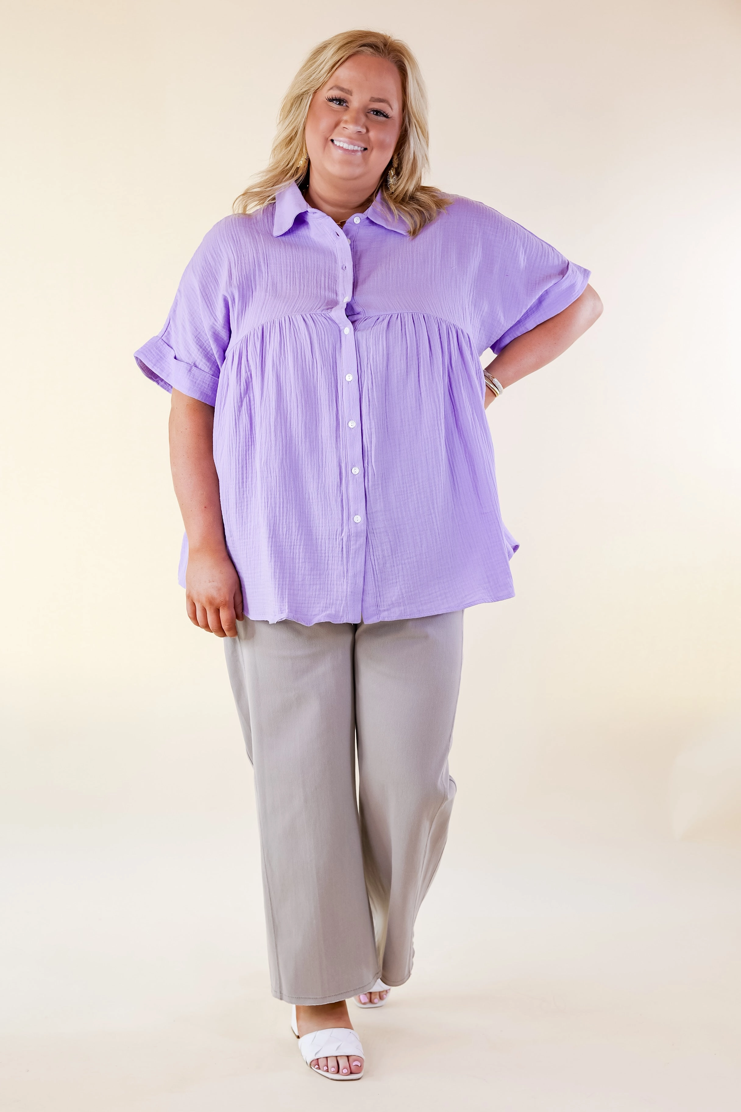 Mellow Mood Collared Button Up Babydoll Top in Lavender Purple Statement Wear
