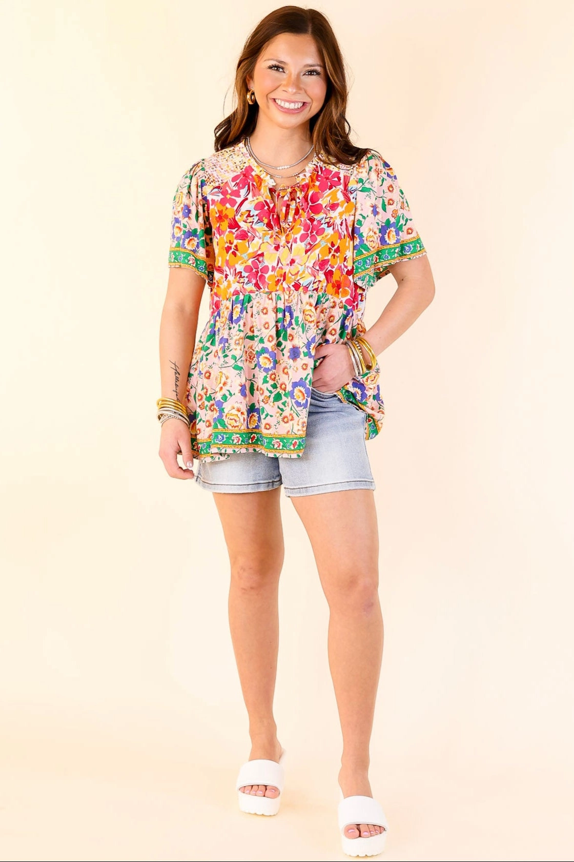 Tulip Fields Floral Print Babydoll Top in Pink Mix Sporty Style Ombre look