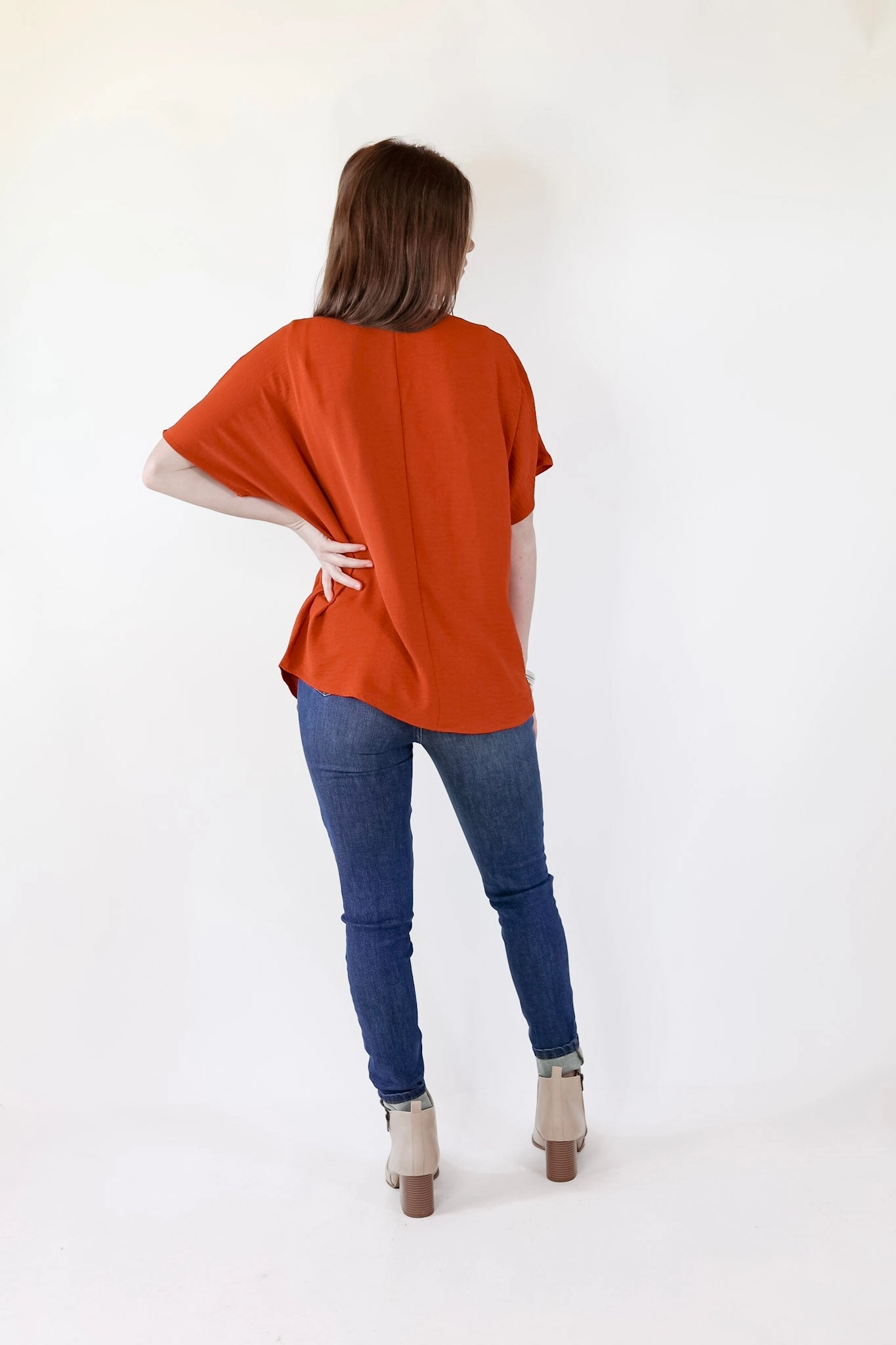 Conscious Fit Lovely Dear V Neck Short Sleeve Solid Top in Rust Orange