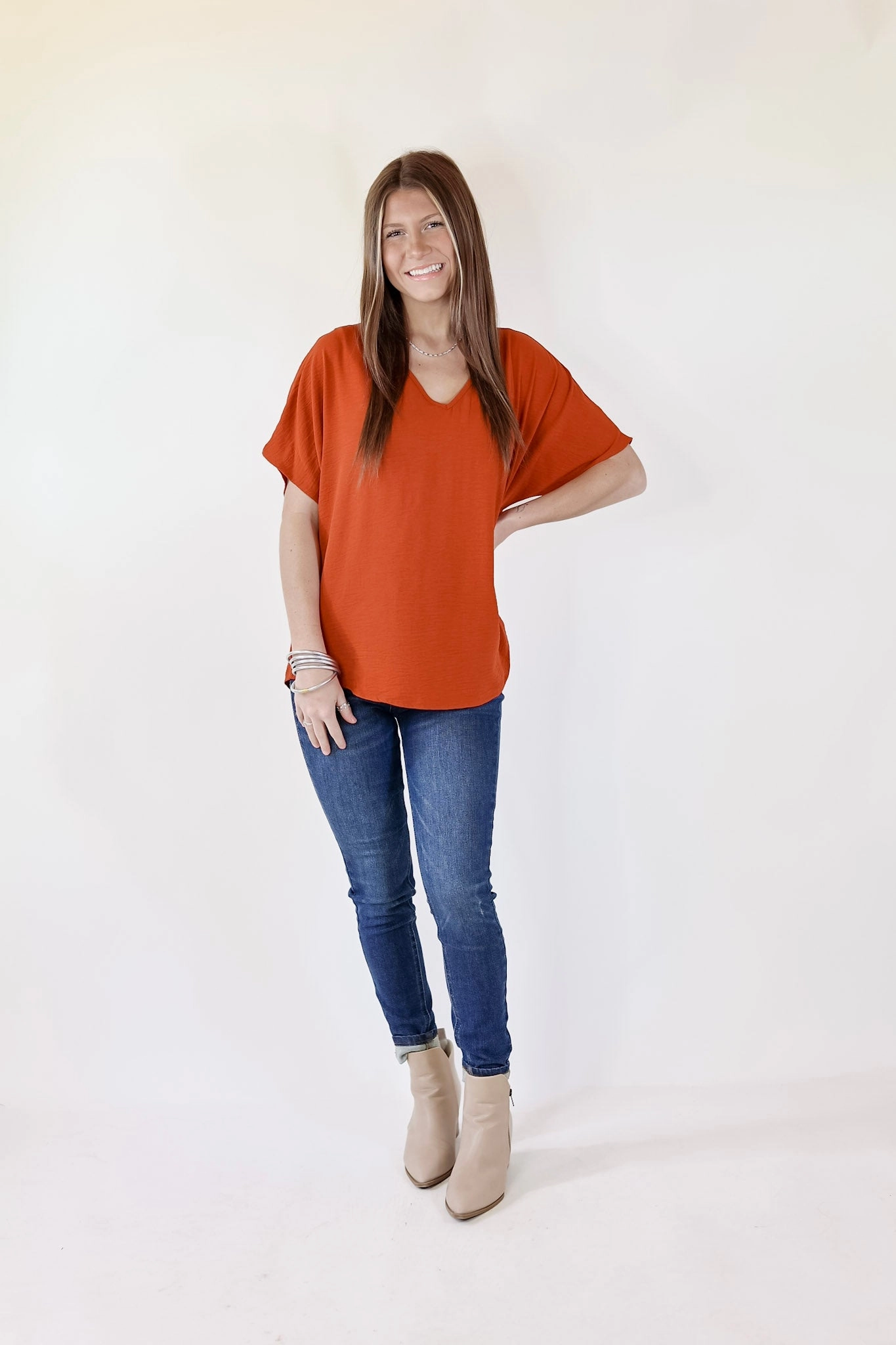 Lovely Dear V Neck Short Sleeve Solid Top in Rust Orange ZeroWaste Production