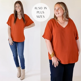 SweatWickingLining Trendy sneakers Lovely Dear V Neck Short Sleeve Solid Top in Rust Orange
