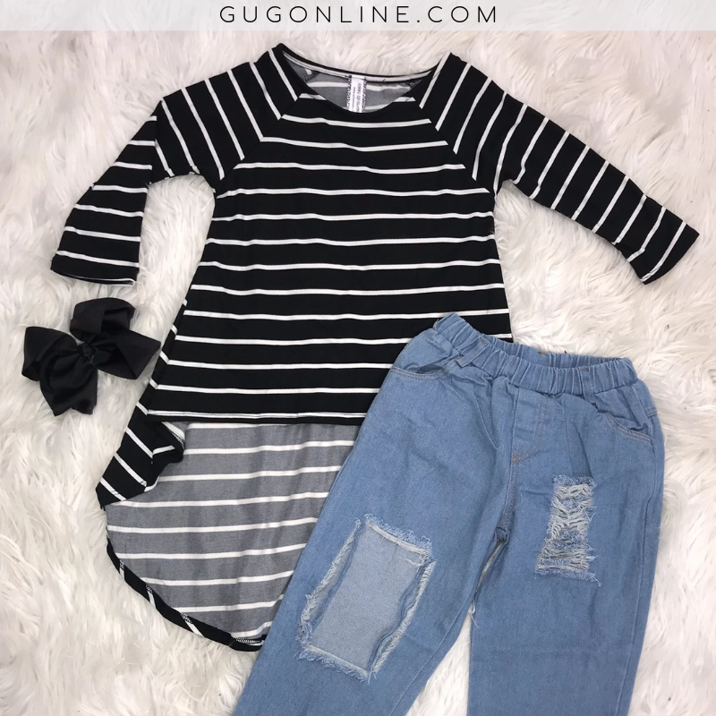 DoubleLayerReinforcement Kids Girl Power High Low Black and White Striped Top