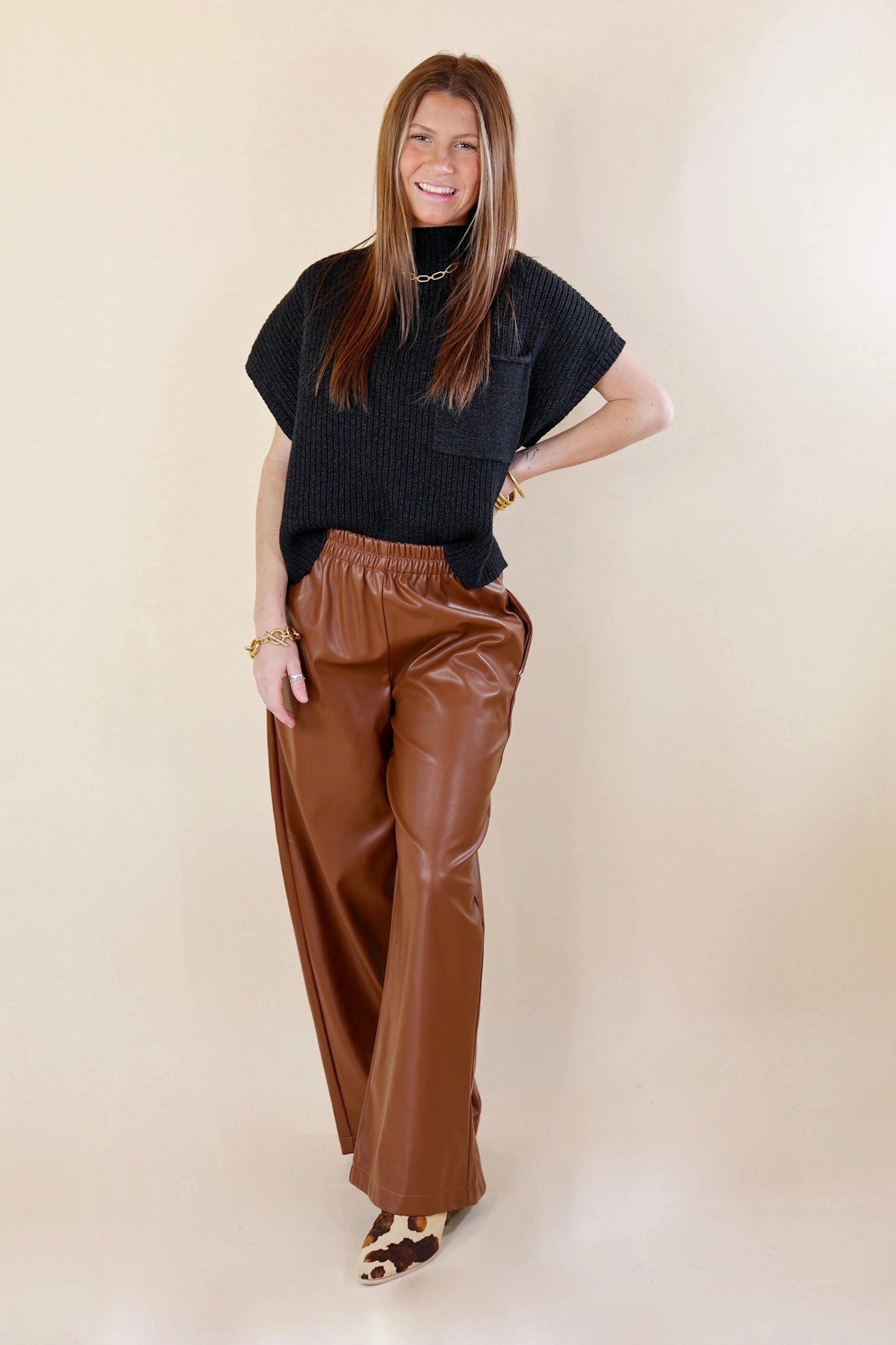 Luxe Feeling Wide Leg Faux Leather Pants in Brown Transitional Fashion Adjustable Straps