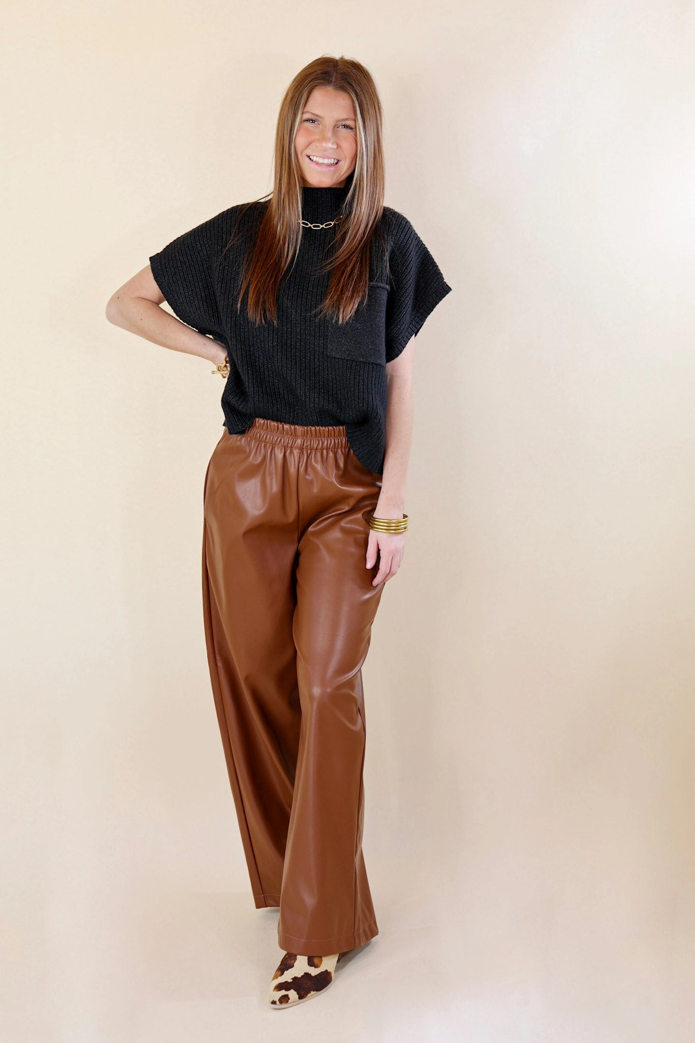 Luxe Feeling Wide Leg Faux Leather Pants in Brown Soft Knit Soft Motion