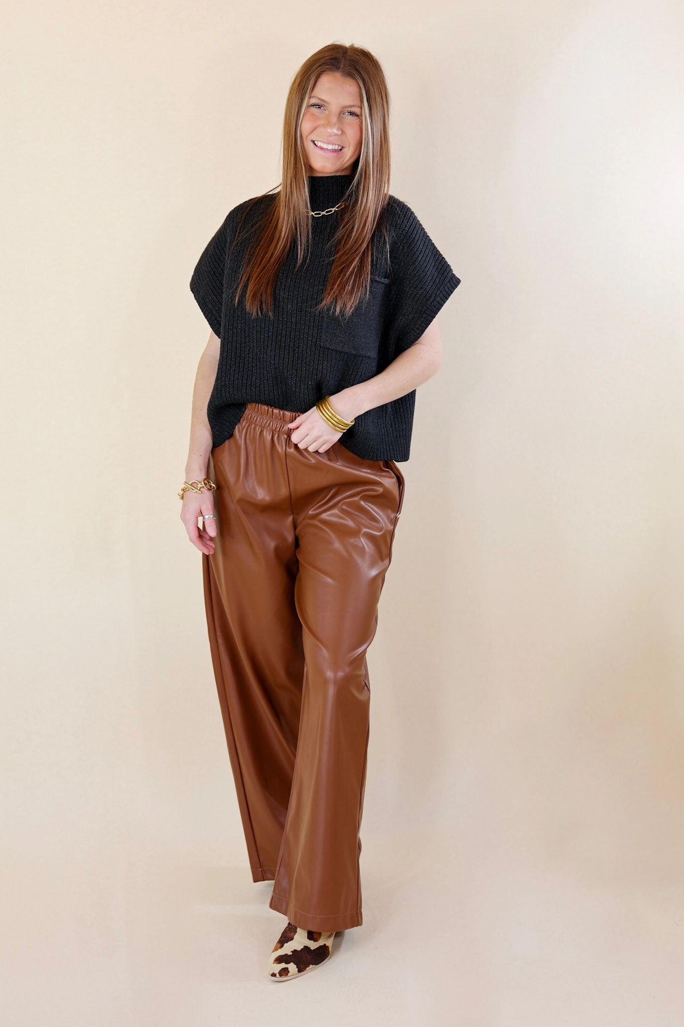 Luxe Feeling Wide Leg Faux Leather Pants in Brown OdorResistant Fabric Practical Style