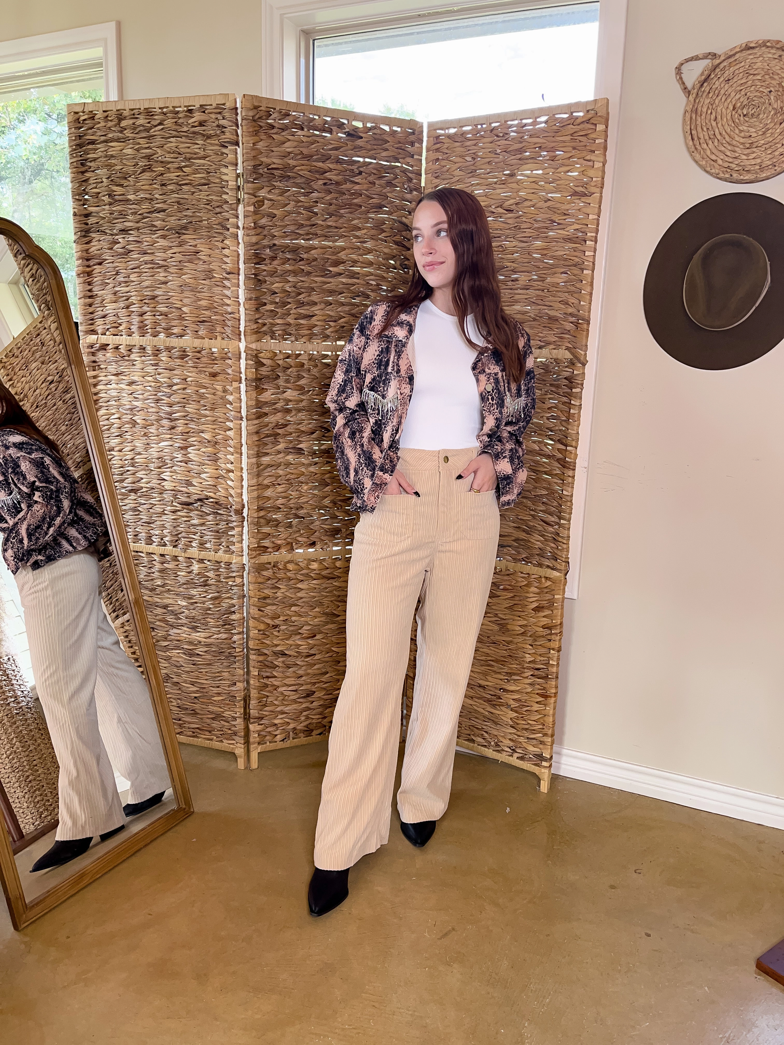 Favorable Day Wide Leg Corduroy Pants in Beige ElasticWaistband