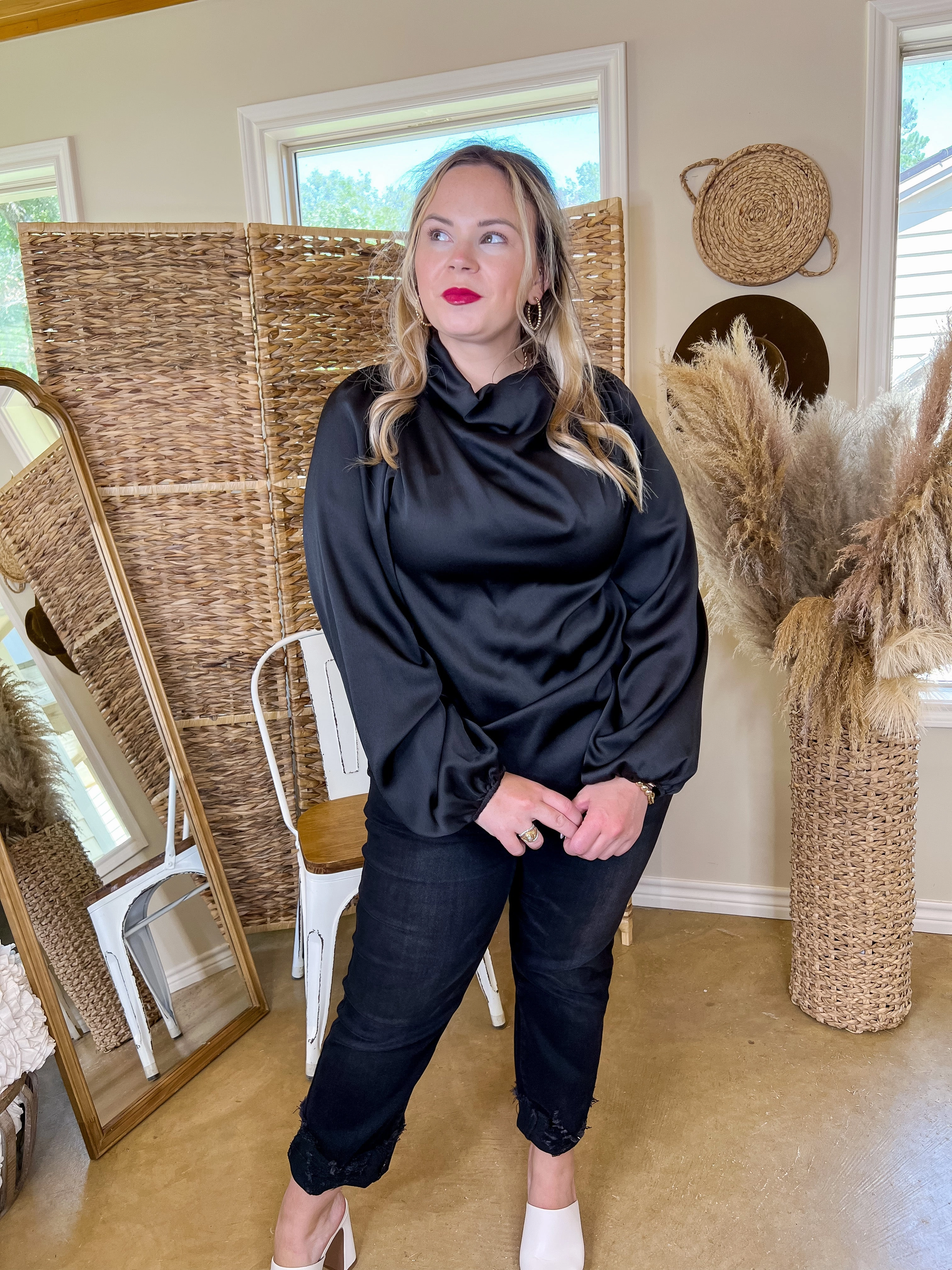 Afternoon in Asheville High Cowl Neck Long Sleeve Crepe Blouse in Black Tech Edge