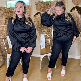 Happy Core Afternoon in Asheville High Cowl Neck Long Sleeve Crepe Blouse in Black