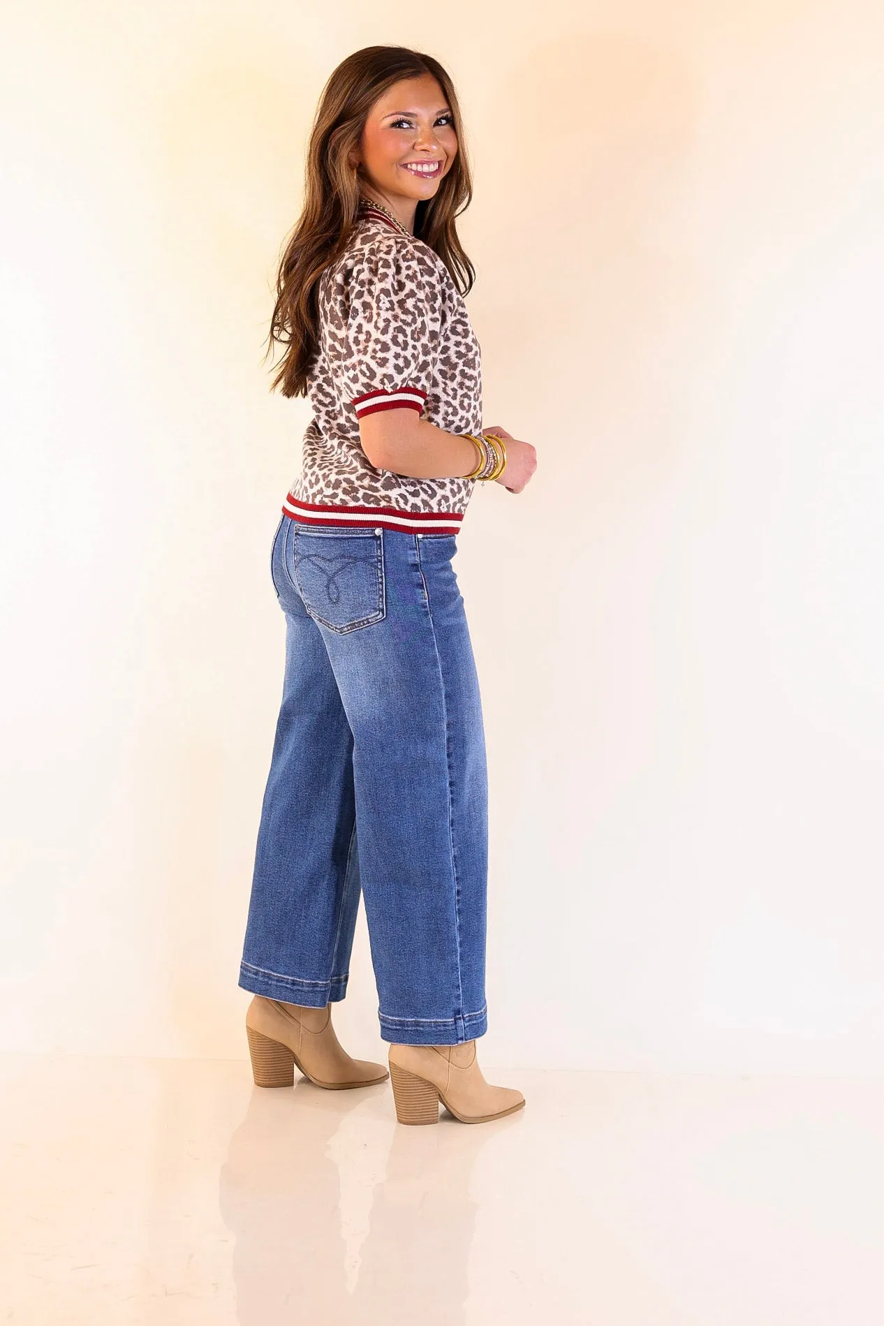 Feline Fine Leopard Print Short Sleeve Sweater with Contrast Trim in Maroon Chic Sweater