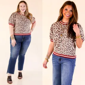 Feline Fine Leopard Print Short Sleeve Sweater with Contrast Trim in Maroon VentilatedArmholes