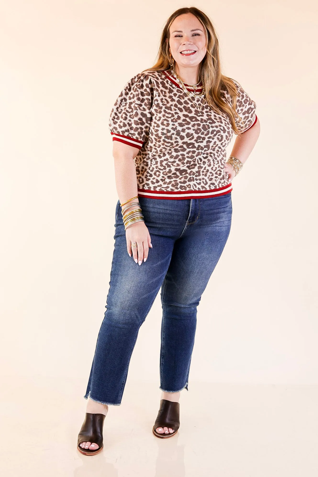 Feline Fine Leopard Print Short Sleeve Sweater with Contrast Trim in Maroon High Visibility Trim WindproofBarrierTechnology