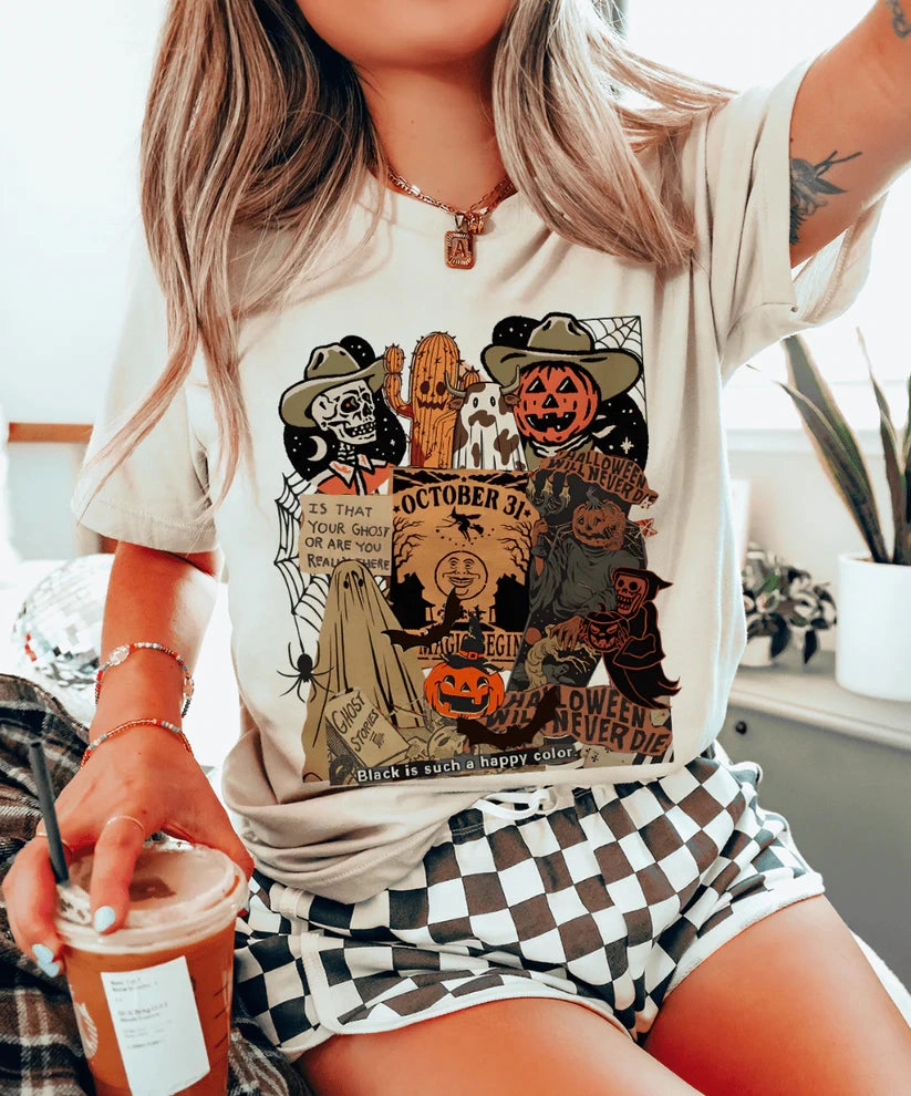 Online Exclusive | Western Halloween Collage Graphic on Short Sleeve Tee Shirt in Cream Stretch Fit