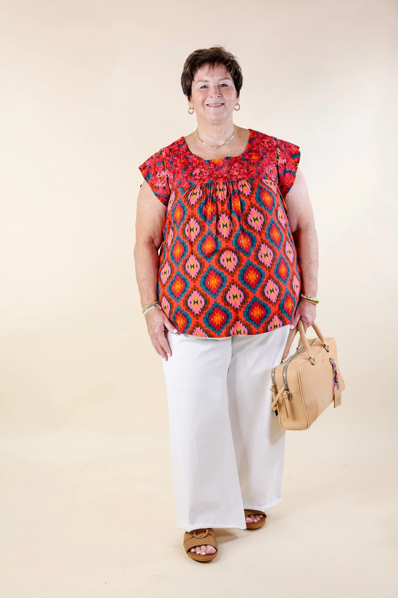 ReinforcedShoulders Non Restrictive Armhole Cut Festival Weather Magenta Embroidered Southwestern Print Top with Cap Sleeves in Multi Mix