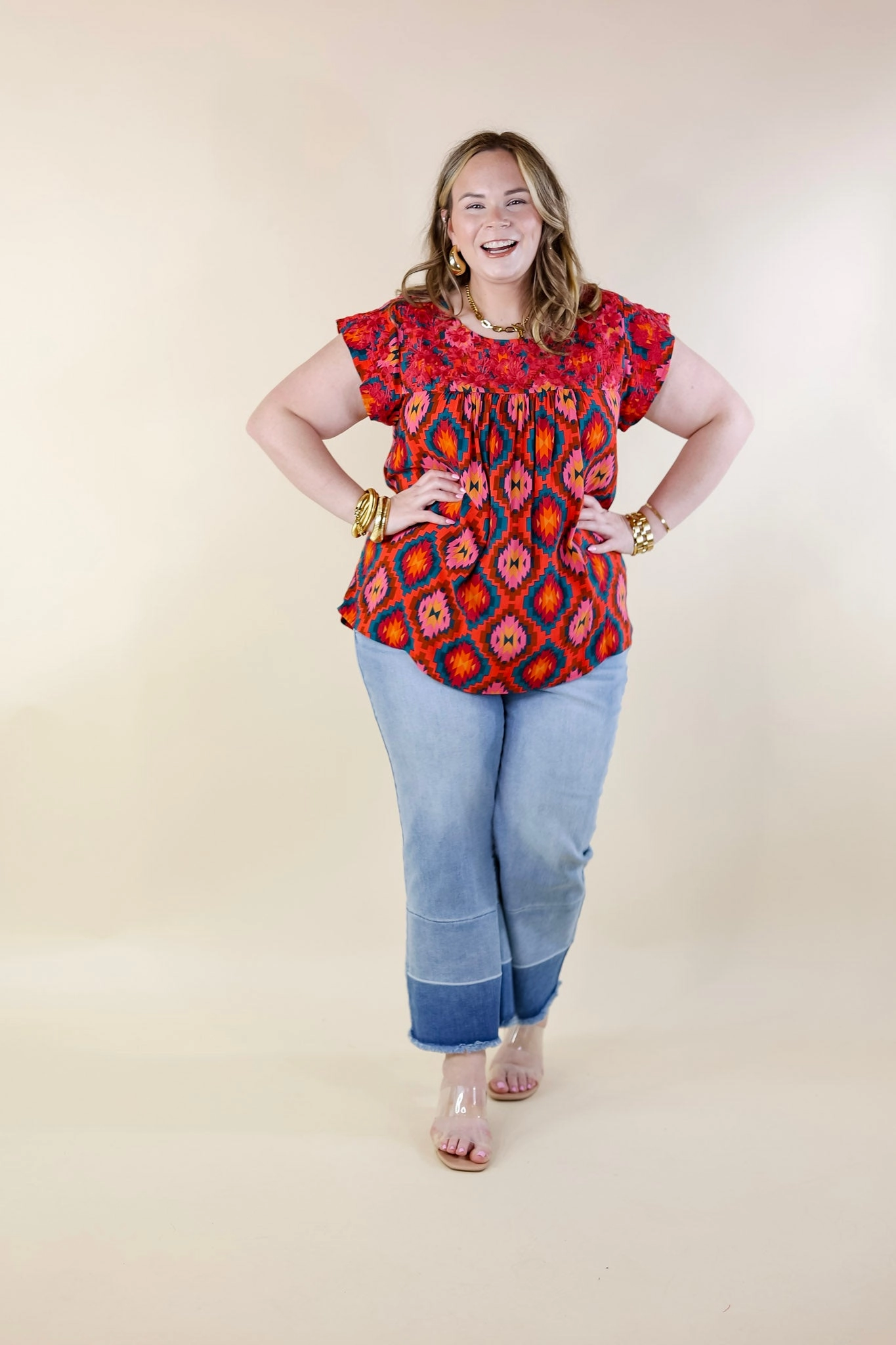 Wrinkle Free Texture Festival Weather Magenta Embroidered Southwestern Print Top with Cap Sleeves in Multi Mix