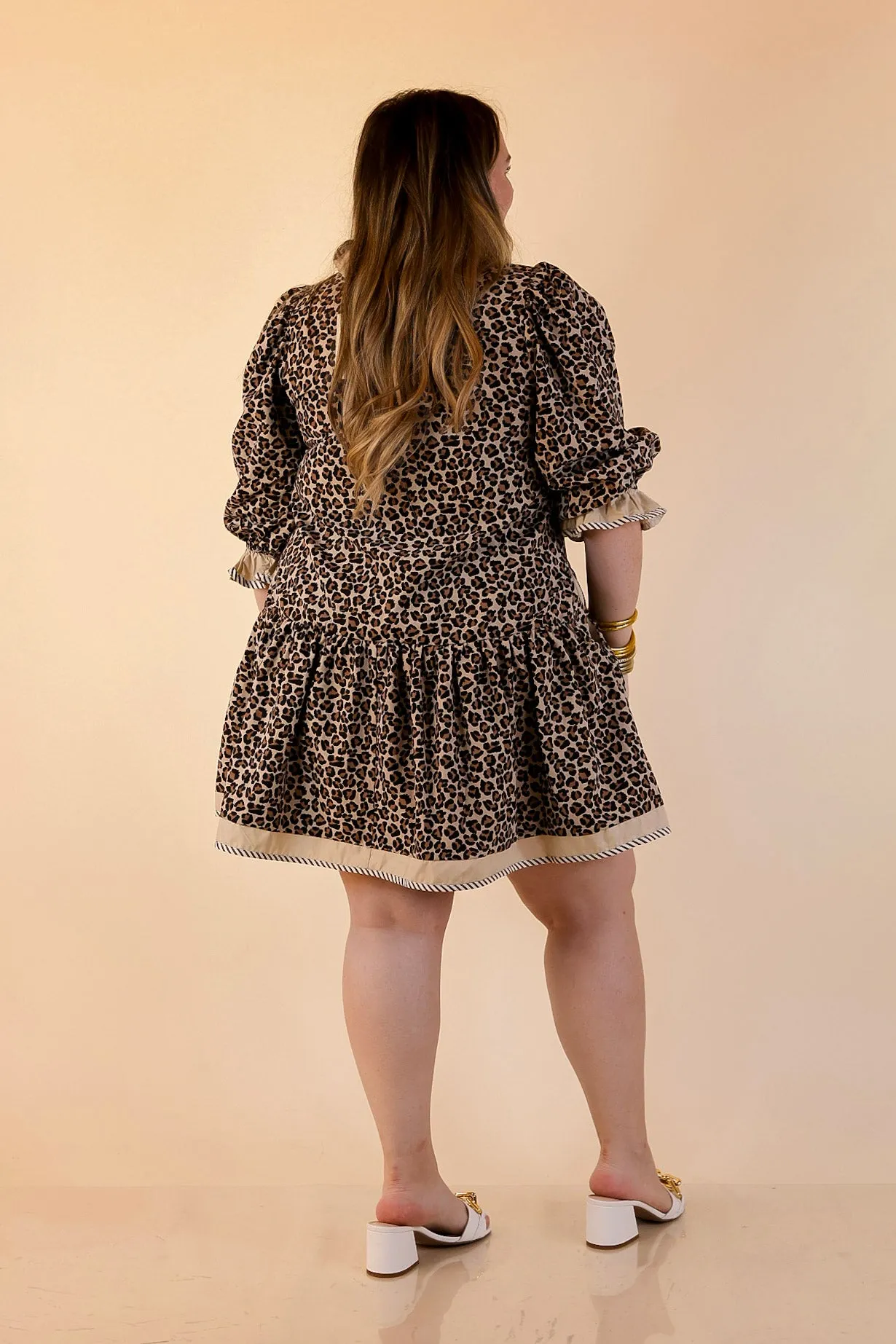 Data Mode Fierce Intentions 3/4 Sleeve Leopard Print Babydoll Dress with Ruffle Detailing in Taupe