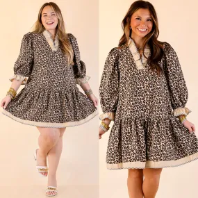 Legend Fit Fierce Intentions 3/4 Sleeve Leopard Print Babydoll Dress with Ruffle Detailing in Taupe