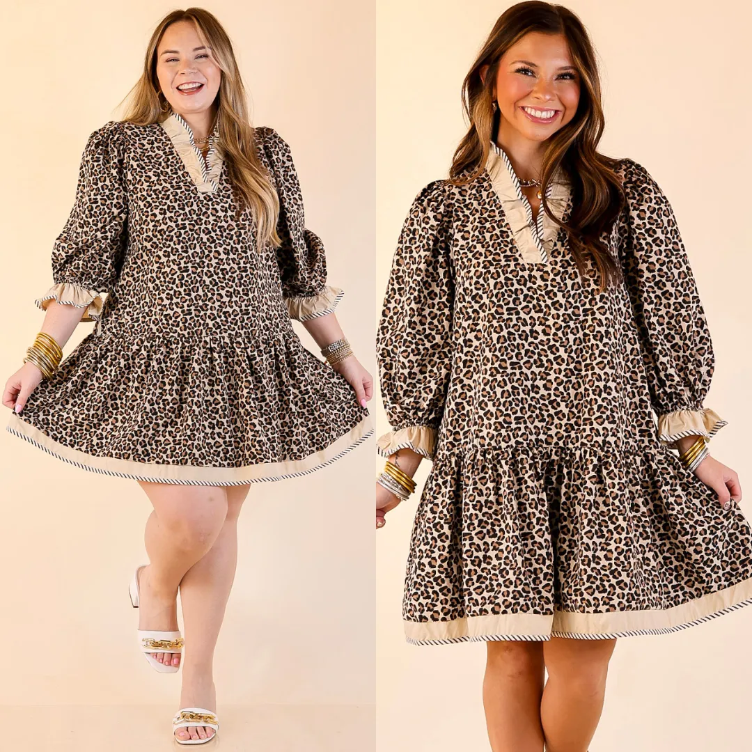 Pleated-Texture Dreamy Simplicity Fierce Intentions 3/4 Sleeve Leopard Print Babydoll Dress with Ruffle Detailing in Taupe