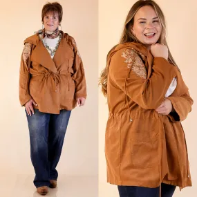 Love Glow Fill Up Your Cup Embroidered Suede Utility Jacket in Tan