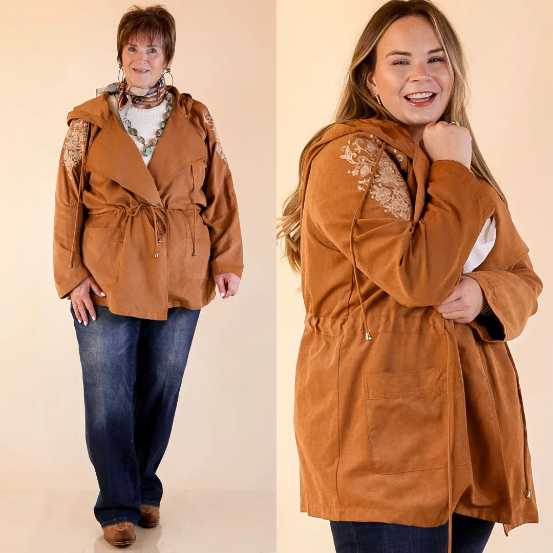 Love Glow Fill Up Your Cup Embroidered Suede Utility Jacket in Tan