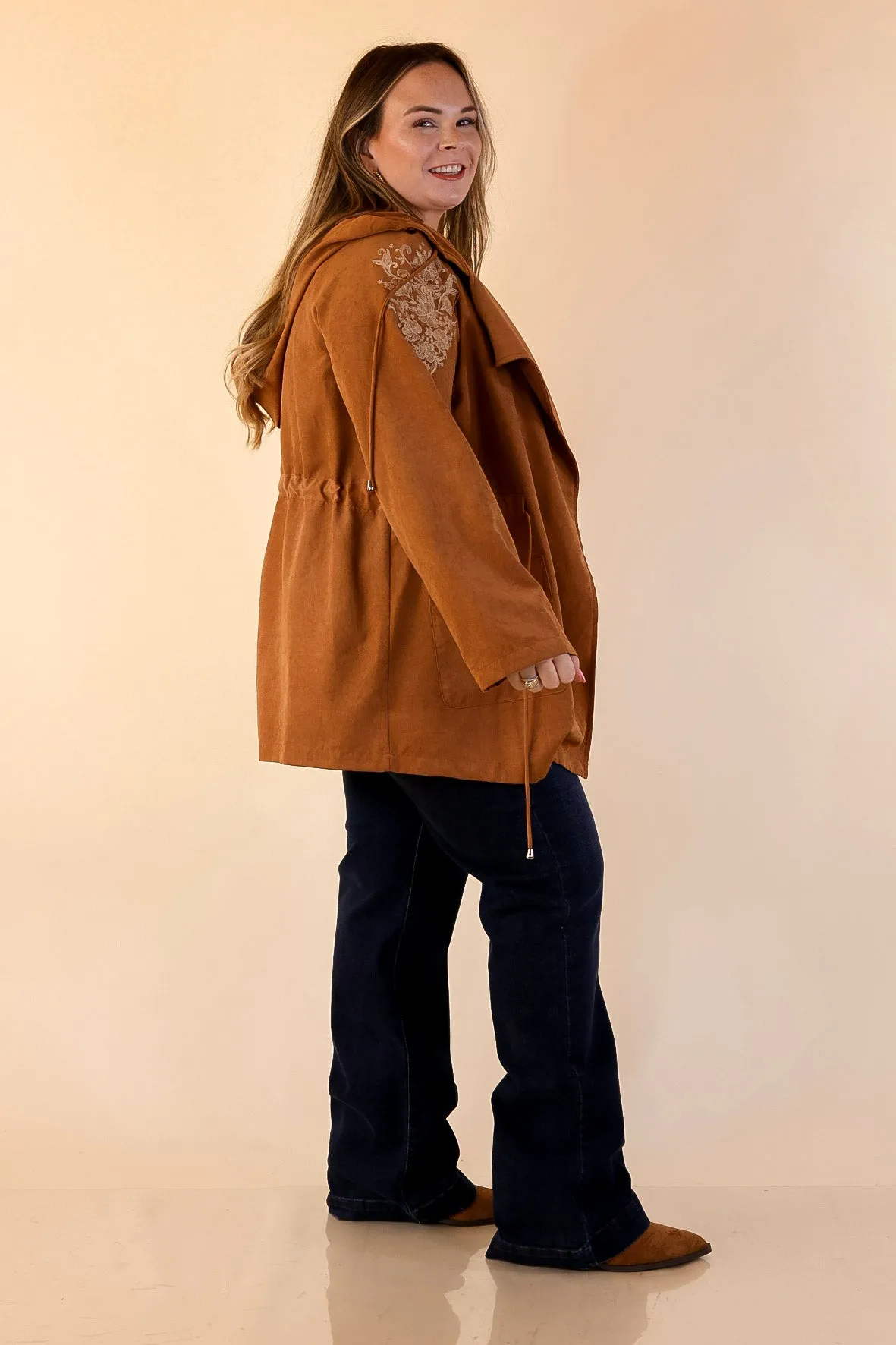 Windproof Fabric hypoallergenic material Fill Up Your Cup Embroidered Suede Utility Jacket in Tan