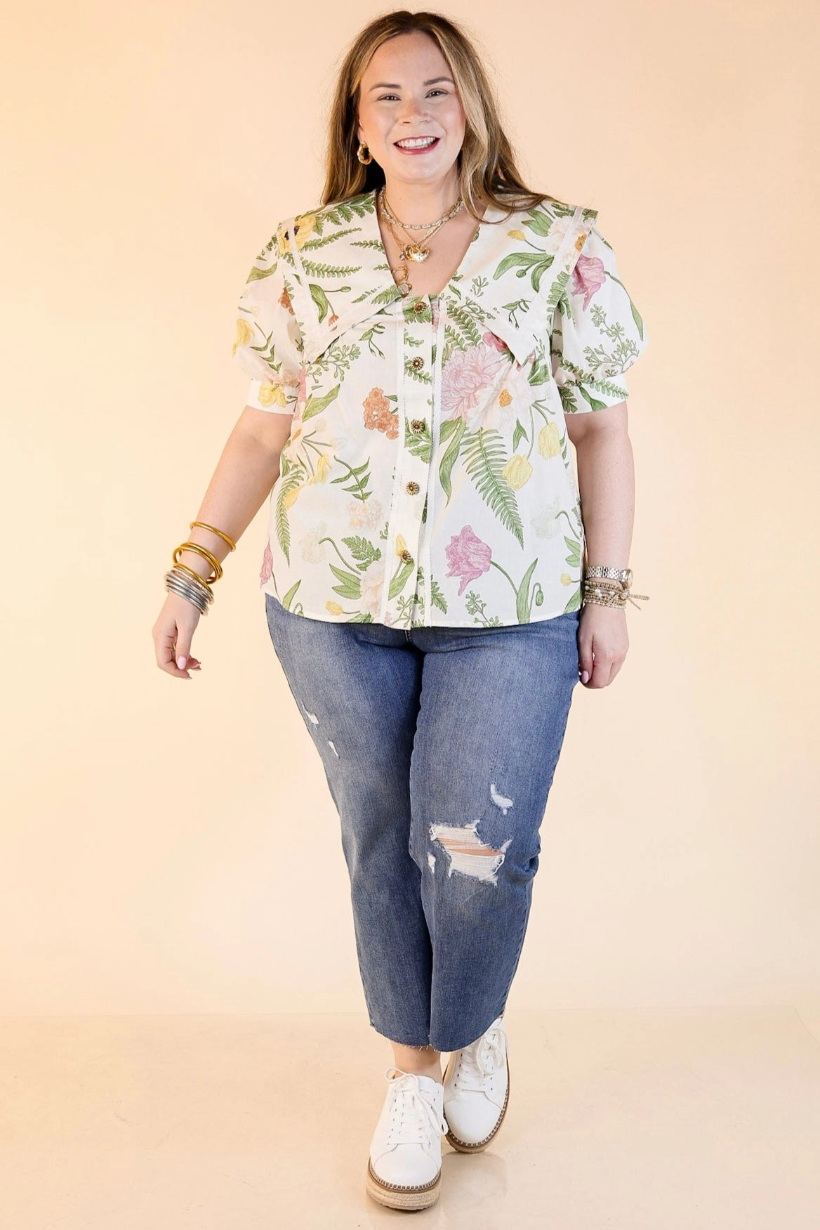 Urban Edge Finishing Touches Button Up Floral Print Top with Peter Pan Collar in Cream