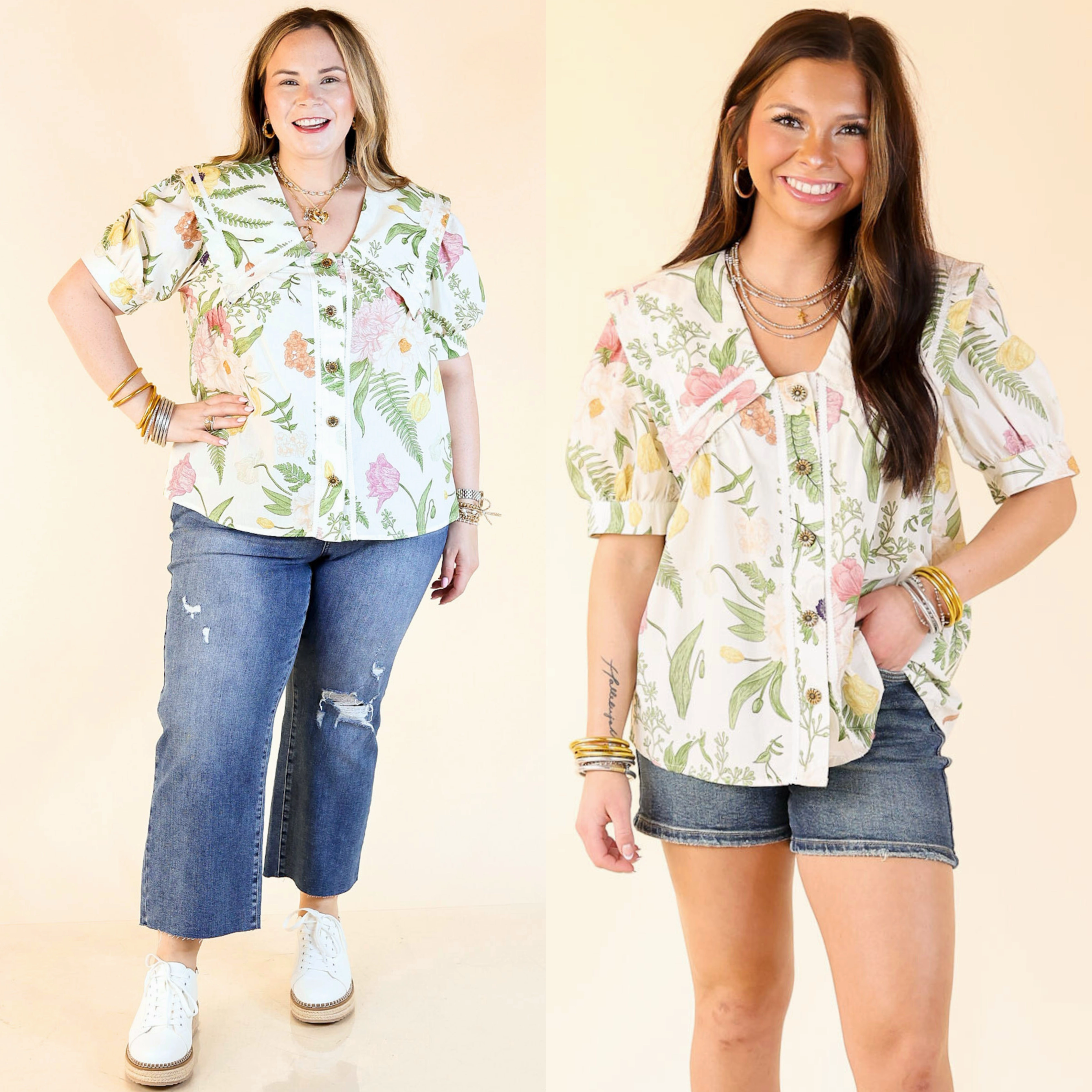 Eco Friendly Dye Chic Comfort Finishing Touches Button Up Floral Print Top with Peter Pan Collar in Cream